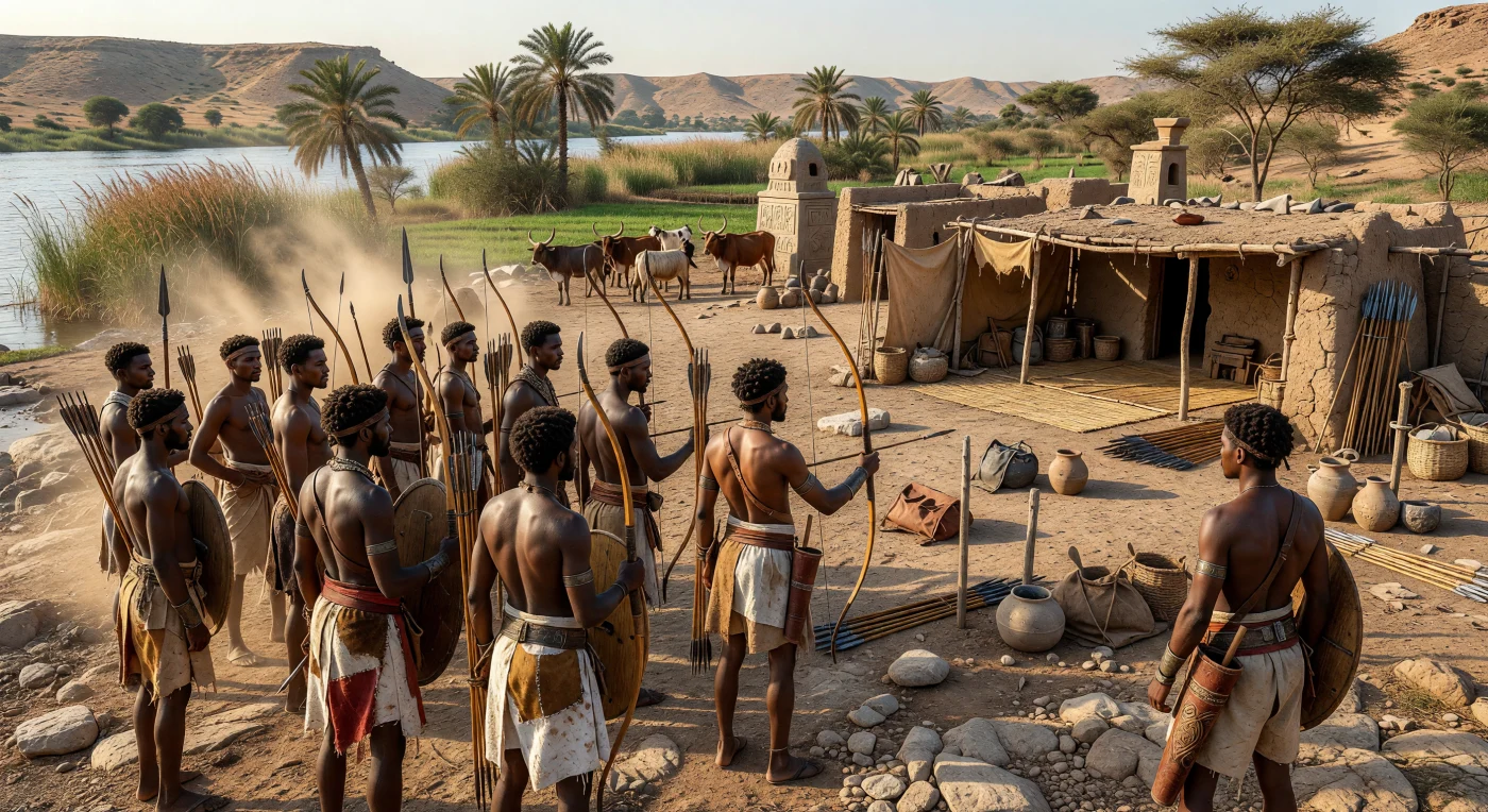 Op de rotsige oostoever van de Nijl staan Kushitische boogschutters in strakke formatie, met lange houten bogen, huidbeklede schilden, speren en eenvoudige, stofachtige wikkelrokken die geschikt zijn voor een veldtocht. Deze soldaten behoorden tot het koninkrijk Kush in Nubië, dat tijdens de 25e dynastie rond 700–660 v.Chr. ook over Egypte heerste en bekendstond om zijn krachtige krijgstradities en bekwame boogschutters. Achter het legerkamp van moddersteen, manden, waterkruiken en vee is te zien hoe militaire discipline, pastorale rijkdom en Egyptische invloeden samenkwamen in het Napataanse rijk.