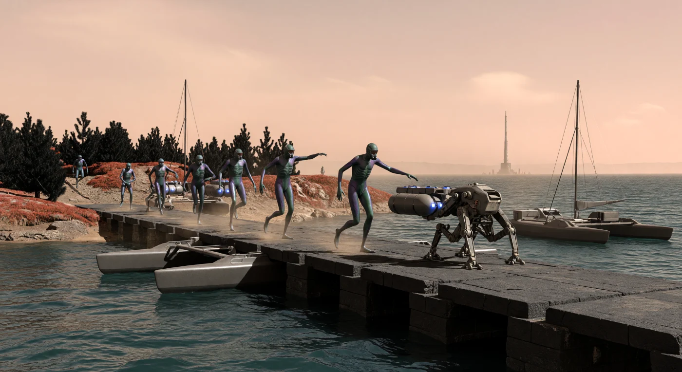 Während der Ära der Großen Divergenz (2200–2500) entladen hochgewachsene *Homo adaptus* in schillernden Thermo-Skins ihre flachen Katamarane an einem massiven Basaltkai der Vastitas Borealis, um die Energieversorgung durch D-He3-Isotope zu sichern. In der dünnen Atmosphäre dieses „Grünen Mars“ gedeihen genetisch optimierte Schwarz-Tannen und Eisen-Flechten unter dem konzentrierten Licht der Sol-Halo-Spiegel, während die geringe Schwerkraft von 0,38 g die hypersalinen Wellen in majestätischer Zeitlupe brechen lässt. Diese Szene verdeutlicht die radikale biologische Anpassung der marsianischen Linie, deren hohlknöcherne Anatomie und vergrößerte Thoraxe ein dauerhaftes Leben inmitten der ockerfarbenen Weiten des Nordozeans ermöglichen.