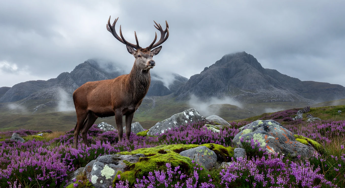 Een majestueus edelhert met een imposant twaalfpuntig gewei staat alert op een rotsachtige uitloper te midden van het paarse heidelandschap en de nevelige granieten pieken van de Schotse Hooglanden. Tijdens de Belle Époque werden dergelijke taferelen geromantiseerd door kunstenaars zoals Edwin Landseer, waarbij de wildernis werd gepresenteerd als een prestigieus jachtlandgoed voor de Europese elite. De vochtige atmosfeer en het zachte, zilverachtige licht vangen de essentie van de late 19e-eeuwse natuurbeleving, waarin de ruige schoonheid van het noorden symbool stond voor zowel aristocratische status als romantische verwondering.
