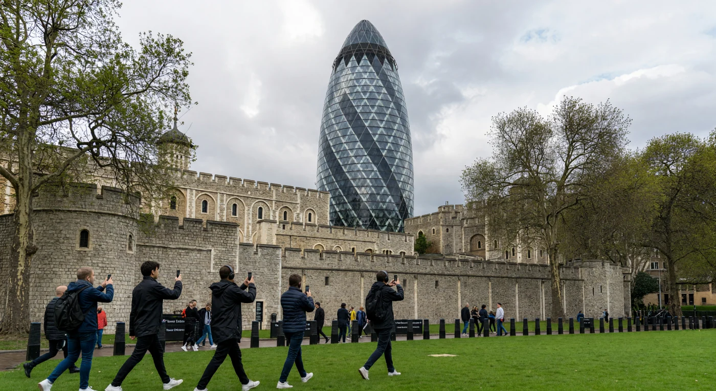 Diese Aufnahme zeigt das architektonische Palimpsest Londons im frühen 21. Jahrhundert, wobei die massiven Kalksteinmauern des mittelalterlichen Tower of London in scharfem Kontrast zur gläsernen Silhouette des Wolkenkratzers „The Gherkin“ stehen. Während die Festung aus dem 11. Jahrhundert von der normannischen Herrschaft zeugt, repräsentiert die dahinter aufragende Hightech-Architektur die rasante Integration moderner Finanz- und Digitalinfrastruktur in das historische Stadtbild. Die Szene verdeutlicht die für das digitale Zeitalter typische Spannung zwischen jahrhundertealtem Kulturerbe und der globalisierten Moderne, eingefangen unter dem charakteristischen grauen Himmel der britischen Metropole.