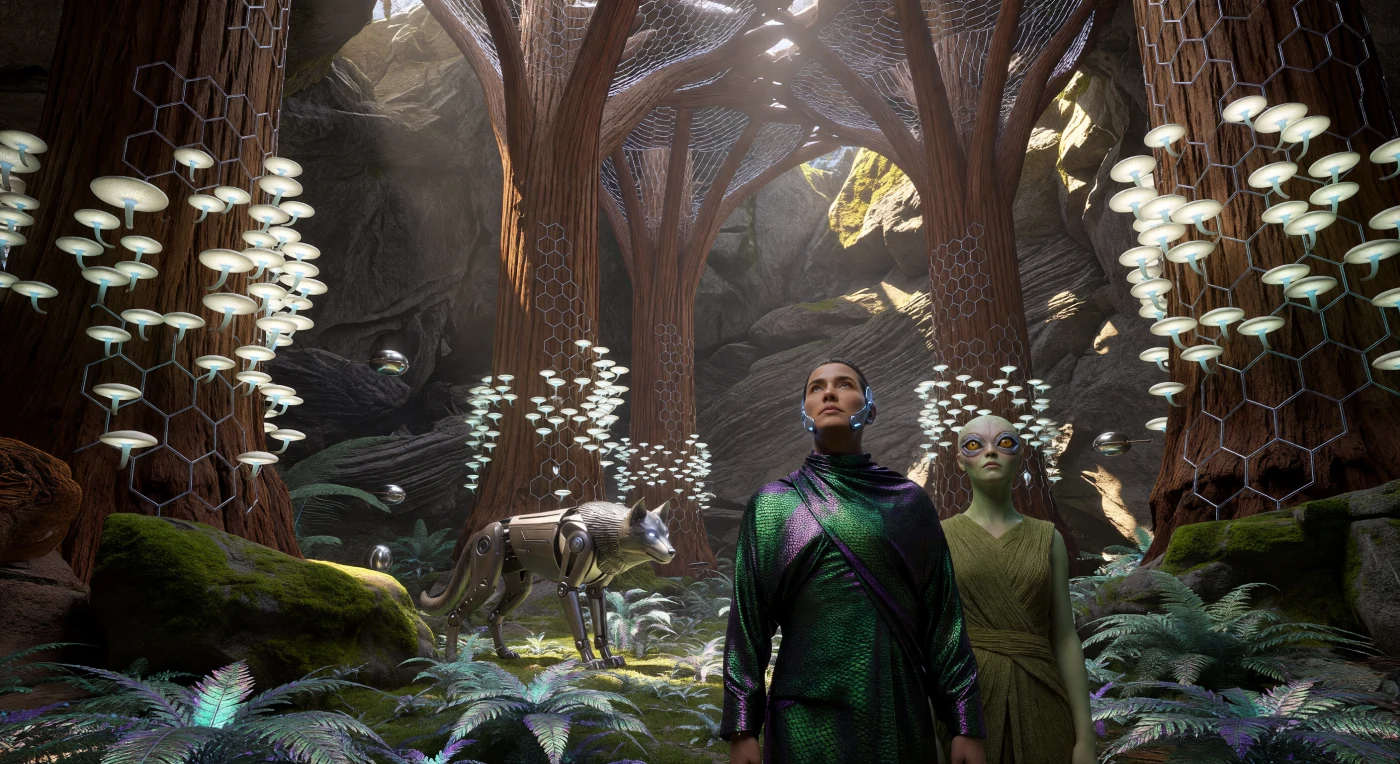 In het jaar 2164, tijdens het tijdperk van De Convergentie, vormt dit 'Stone-Hive' centrum een monument voor de symbiose tussen hoogwaardige technologie en oeroude biologie. Gigantische Sequoia-pilaren, structureel versterkt met een hexagonaal rooster van koolstofnanobuisjes, dragen een gewelf dat verlicht wordt door clusters van bioluminescente 'Mycelial Lanterns'. Binnen deze architectuur van precisie-herwildering navigeren augmented 'Wardens' en fotosynthetiserende 'Silvanids' door een gedeeld ecosysteem, bijgestaan door bio-synthetische 'Eidolons' die de harmonie van de natuurlijke territoria bewaken.