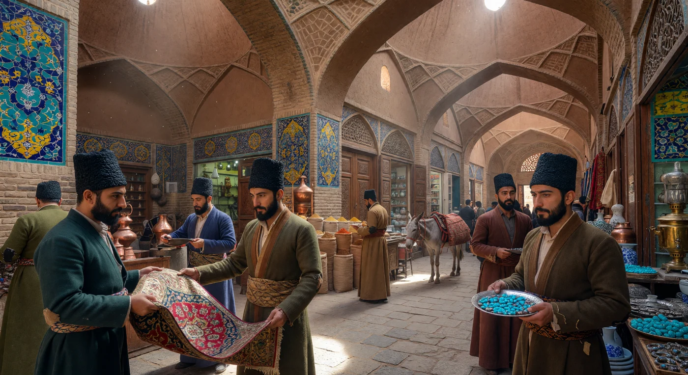In de sfeervolle, gewelfde gangen van de Grote Bazaar van Teheran tonen kooplieden met karakteristieke lamswollen *papakha*-mutsen hun fijnste zijden tapijten en hemelsblauwe turquoise uit de mijnen van Nisjapoer. Het invallende zonlicht verlicht de stoffige lucht en de prachtige blauw-gele geglazuurde tegels die de massieve modderstenen bogen van dit architecturale meesterwerk sieren. Deze scène uit het vroege Kadjaren-tijdperk (circa 1830) illustreert het belang van de bazaar als het economische en sociale hart van Perzië, waar lokale ambachten en luxe goederen van de zijderoute samenkomen. De aanwezigheid van internationale handelswaar tussen de traditionele koperwaren getuigt van de groeiende rol van Iran in de mondiale handel tijdens dit turbulente tijdperk van revoluties.