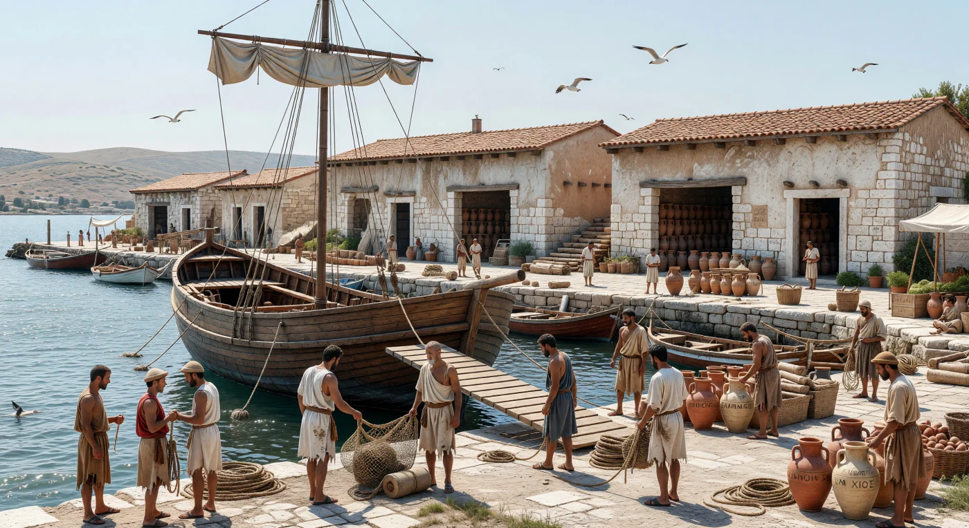 Aan de kade van Piraeus, de haven van Athene, sjouwen zeelieden en havenarbeiders gestempelde amforen met wijn en olijfolie naar een brede houten koopvaarder met een opgerold vierkant zeil, terwijl meeuwen boven pakhuizen en kleine vissersboten cirkelen. In de late 5e eeuw v.Chr. was Piraeus het kloppende commerciële hart van de Atheense zeemacht, waar goederen uit heel de Egeïsche wereld werden verzameld, opgeslagen en verhandeld. De stenen kades, modderstenen magazijnen en met teer afgedichte scheepshuid tonen hoe sterk Athene afhankelijk was van zeehandel voor zijn welvaart, bevoorrading en politieke macht.