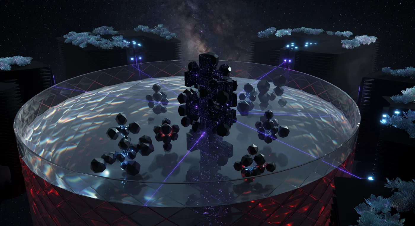 In den gewaltigen Kryo-Tanks des Chronos-Gitters um Barnards Stern warten Substrat-Unabhängige Geiste (SIMs) in Form von geometrischen Utility-Fog-Avataren ein monumentales Femto-Gitter aus hyperdichter Materie. Diese Darstellung aus der Ära der „Interstellaren Dämmerung“ (ca. 3000–5000 n. Chr.) zeigt die technologische Evolution nach dem Aussterben der biologischen Menschheit, eingebettet in eine reibungsfreie See aus superfluidem Helium-3. Vor dem Hintergrund des tiefroten Sternenlichts und glühender Kühlrippen bei 3 Kelvin zeugen diese Entitäten von einer Zeit, in der Bewusstsein und Architektur in der eisigen Stille des fernen Weltraums zu einer neuen Form des Daseins verschmolzen sind.