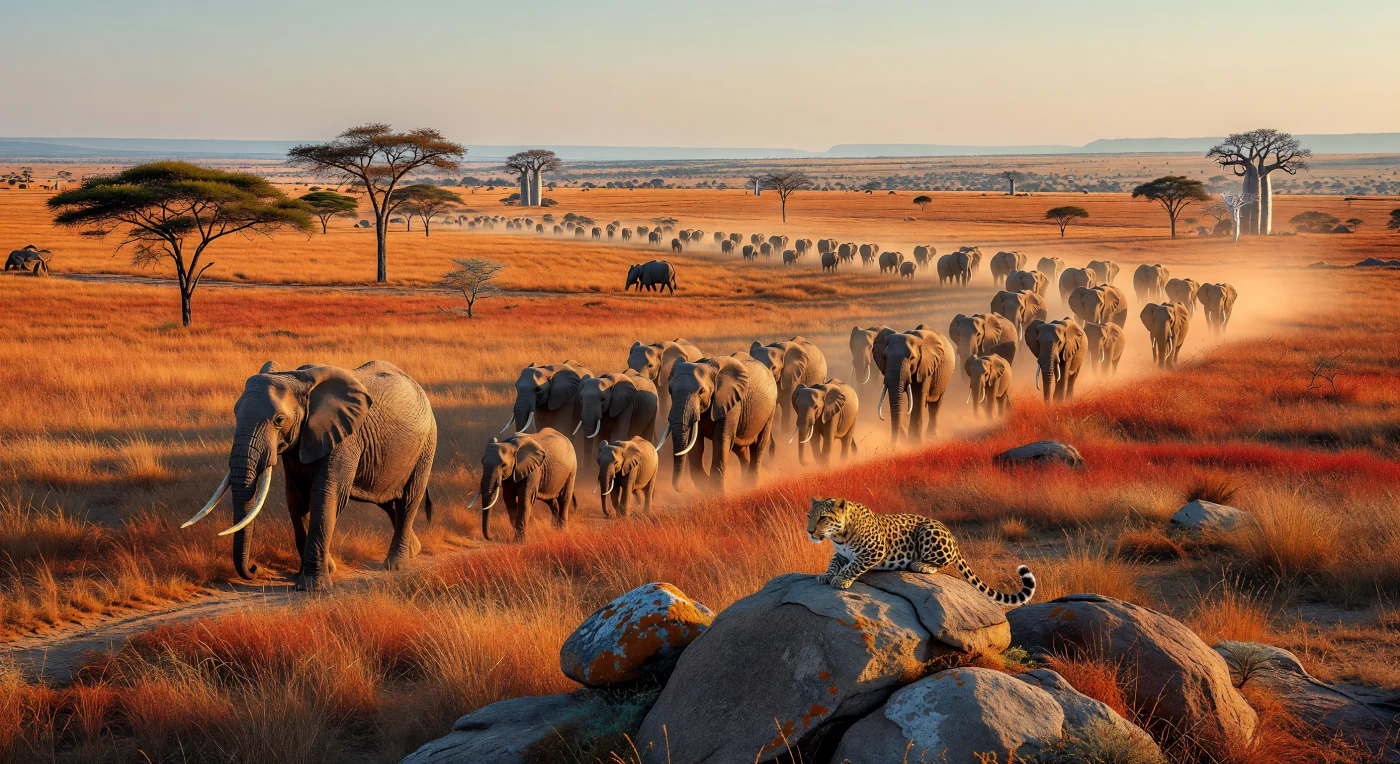 Een imposante kudde van meer dan vijftig Afrikaanse olifanten trekt door het goudgele gras van de Oost-Afrikaanse savanne, aangevoerd door een matriarch met uitzonderlijk lange ivoren slagtanden die kenmerkend waren voor de periode vóór de intensieve industriële jacht. Dit beeld uit de late 19e eeuw vangt de ongerepte wildernis van de Belle Époque, een tijd waarin de uitgestrekte horizon nog niet werd doorkruist door koloniale infrastructuur of telegraaflijnen. In het warme licht van het gouden uur observeert een eenzaam luipaard vanaf een granieten rotsformatie de majestueuze stoet die zich tussen de iconische acaciabomen en eeuwenoude baobabs voortbeweegt.