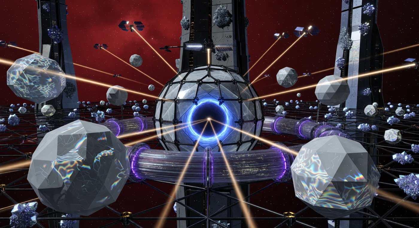 In het tijdperk van de Interstellar Dawn (3000–5000 n.Chr.) vormt de Kugelblitz Prime het energetische hart van de beschaving rond de ster van Barnard, waarbij een kunstmatig zwart gat een intense blauwe Cherenkov-gloed uitstraalt binnen een sfeer van diamantoid-platen. Deze monumentale structuur wordt beheerd door de Substrate-Independent Minds (SIM's), geometrische post-biologische entiteiten die de organische mensheid hebben opgevolgd en de fundamentele krachten van de fysica manipuleren om Hawkingstraling te oogsten. Te midden van de gigantische onderzoeksspitsen groeien prismatische clusters van Silicon-Flora, die de schaarse rode straling van de dwergster opvangen in een landschap dat de definitieve overgang markeert van biologische evolutie naar technologische transcendentie.