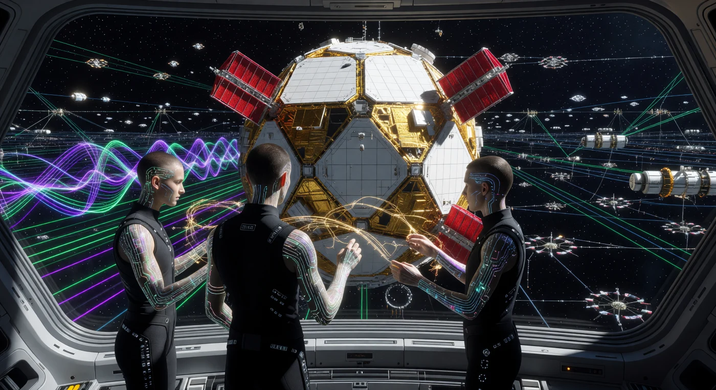 Tijdens de Grote Divergentie (2200–2500 n.Chr.) bereikte de menselijke evolutie een technologisch hoogtepunt, zoals hier vastgelegd op een observatiedek nabij het L5-Lagrangepunt. Twee kunstenaars van de clade *Homo augmentus*, herkenbaar aan hun verlengde ledematen en lichtgevende neurale lace-bedrading, weven met behulp van stellaire lasers een vijf kilometer lange lichtsculptuur tegen de achtergrond van de goudkleurige 'Vault of Earth'. Dit tafereel illustreert de ontzagwekkende schaal van de Dyson-zwerm, waarbij megastructuren en kunstzinnige expressie samensmelten tot een monumentale uiting van een hoogontwikkelde ruimtebeschaving.