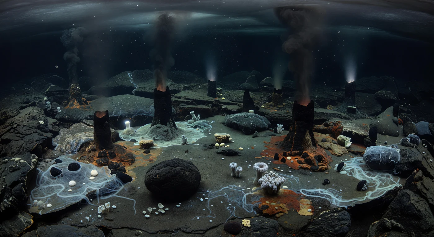 厚い海氷に閉ざされた原生代末・クライオジェニアン紀（約7億2000万〜6億3500万年前）の深海では、玄武岩質の裂け目海底にそびえる黒煙噴出孔（ブラックスモーカー）から鉱物に富む熱水が噴き上がり、その周囲を白い硫黄酸化細菌のマットや鉄に覆われた橙色の微生物膜が彩っていました。画面の冷たい暗がりの縁には、ごく小さな淡灰色の六放海綿類に似た海綿動物がまばらに付着し、太陽光のほとんど届かない“スノーボールアース”の海で、化学合成に支えられた生命の避難所を形づくっています。 towering chimneys と微小な海綿の対比は、全球凍結下でも地球内部の熱が海に生の可能性を残していたことを静かに物語ります。