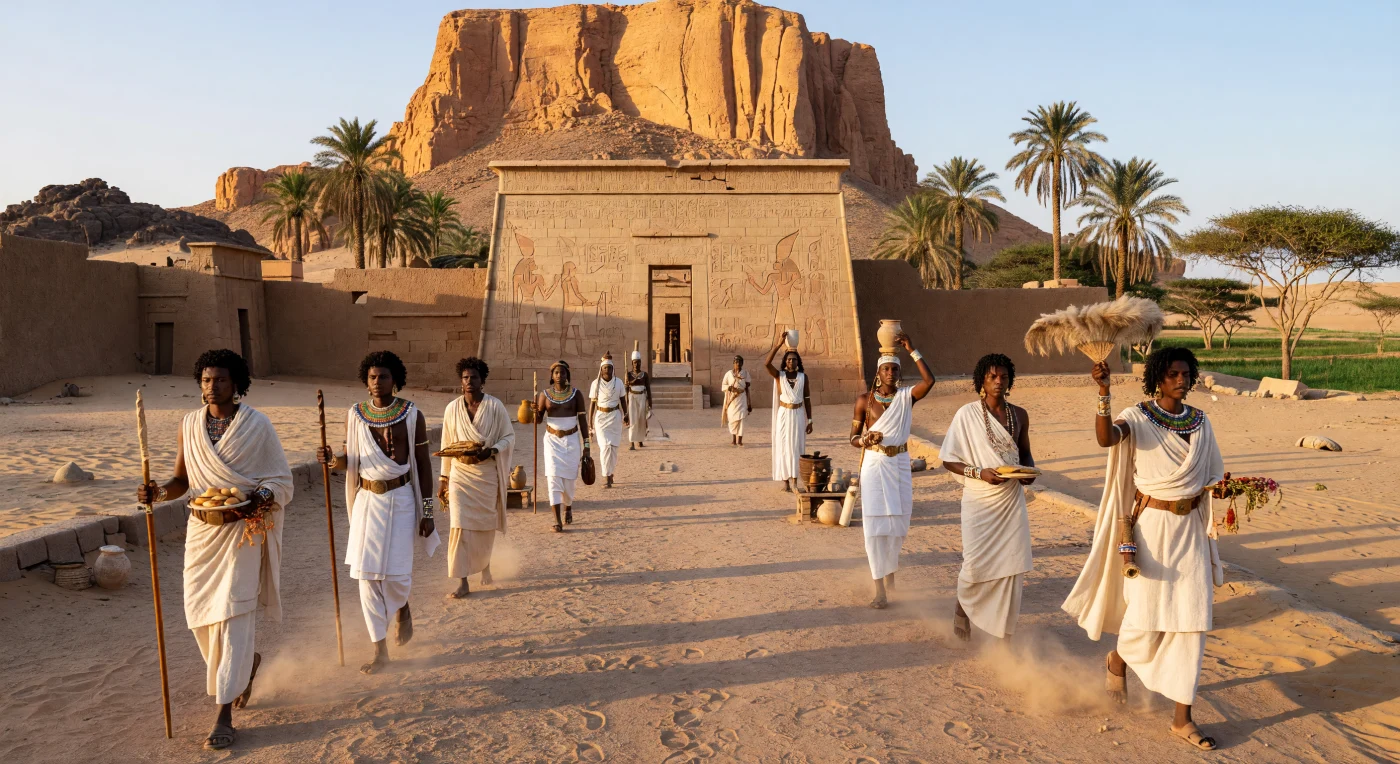 At the foot of the sacred butte of Jebel Barkal near Napata, Kushite priests and nobles advance in formal procession toward a sandstone temple built in an Egyptian-inspired style. Their linen garments, bead jewelry, staffs, offering trays, and hieroglyph-carved architecture reflect the close religious ties between Kush and Egypt around 700 BC, when Napata was a major center of the Amun cult. Set between the fertile Nile corridor and the arid Nubian desert, the scene evokes the ceremonial heart of the rising Kushite kingdom that would soon extend its power into Egypt itself.