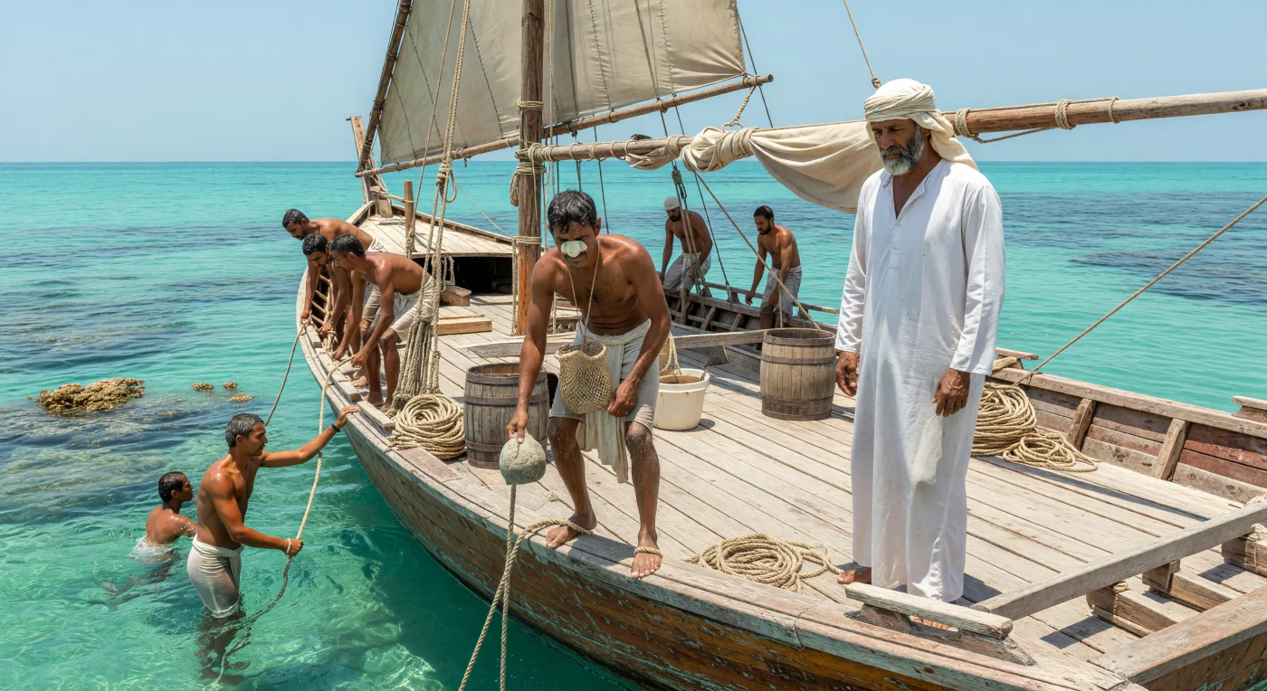 A group of Kuwaiti pearl divers prepares for a descent from a teak-wood *sambuk* into the turquoise waters of the Persian Gulf during the 1930s. Using traditional tools such as the *fitam* (bone nose clip) and *hajar* (weighted rope), these men sustained a grueling maritime economy that flourished for centuries before the discovery of oil. The scene captures the physical toll and specialized skill required for the trade, highlighting a pivotal era in Middle Eastern history just before the onset of rapid modernization.