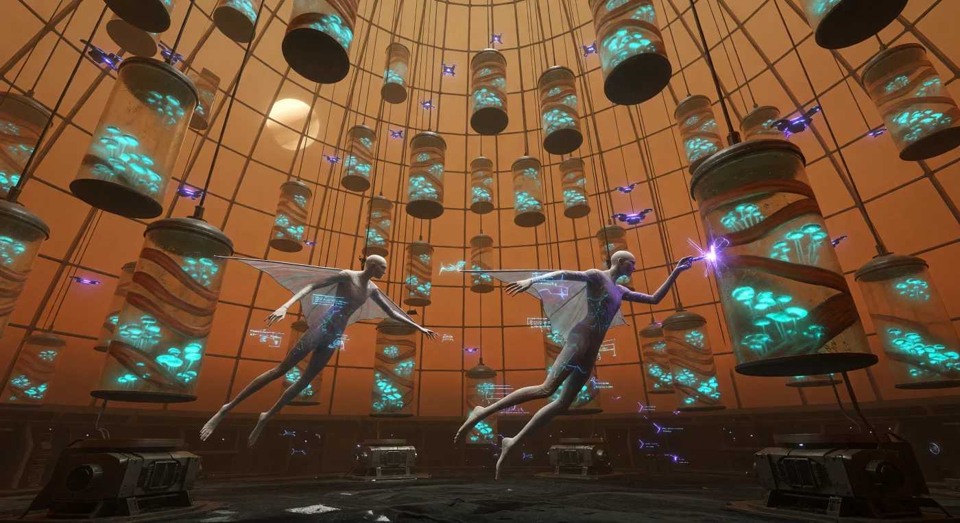 Binnen een massieve koepel van koolstofnanobuizen op de bevroren oppervlakte van Titan monitoren genetisch aangepaste "Aeros" (*Homo sapiens titanis*) hangende bioreactoren vol synthetische proteïnen en bioluminescente schimmels. Tijdens deze periode van de Solaire Expansie (ca. 2500-3000 n.Chr.) vormt deze geavanceerde proteïnekweek de ruggengraat van de Cronische voedselvoorziening, waarbij de dichte stikstofatmosfeer en de lage zwaartekracht van de maan optimaal worden benut. Tegen een achtergrond van een opzwellende zon en de ijzige ringen van Saturnus weerspiegelt dit tafereel de technologische aanpassing van de mensheid aan de extreme koude van -179°C en de unieke chemische rijkdom van het buitenste zonnestelsel.