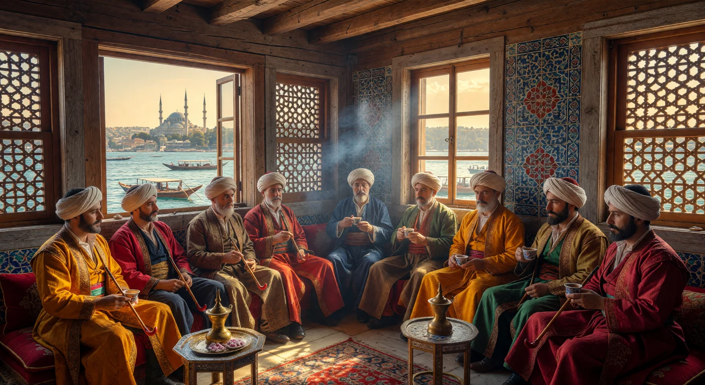 1740年代のイスタンブール、ボスポラス海峡を望む木造のカフヴェハーネ（コーヒーハウス）では、色鮮やかなシルクのカフタンを纏った男たちが、長いキセルを燻らせながら濃密なコーヒーを嗜んでいます。幾何学的な格子窓から差し込む午後の光が、精巧なキュタヒヤ・タイルや手織りの絨毯を照らし、オスマン帝国が文化的な洗練を極めた「チューリップ時代」の優雅な社交風景を映し出しています。この場所は、身分を象徴するターバンを巻いた人々が集い、最新の情勢や芸術について語り合う、帝国の知的・社会的中心地として機能していました。