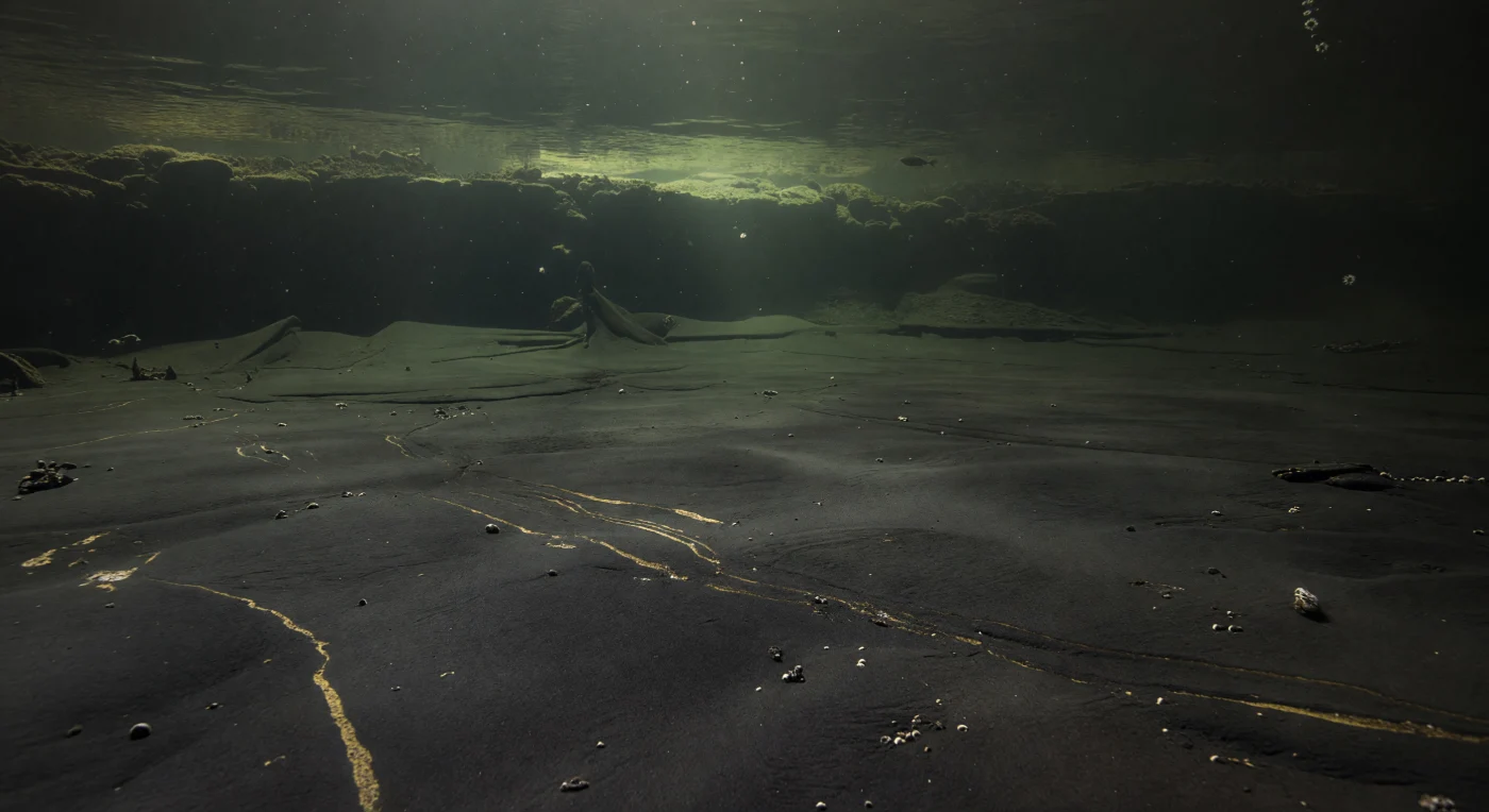 In dit Laat-Devoonische bekken, ongeveer 372–359 miljoen jaar geleden, verdwijnt het zwakke licht van het ondiepe continentaal plat snel in groen-zwart, zuurstofarm water boven een bijna levenloze bodem van fijne organische modder. Enkele piepkleine radiolariën zweven als stekelige silica-bolletjes in de waterkolom, terwijl pyrietrijke strepen en ongestoorde laminae in het sediment tonen hoe deze stille zeebodem zwarte schalie vormde tijdens de Laat-Devoonische crisis. Het tafereel vangt een moment van ecologische stress in een warme kaswereld, waarin stratificatie, afnemende zuurstof en instroom van voedingsstoffen uit de eerste bossen op het land grote delen van de oceaan verstikten.