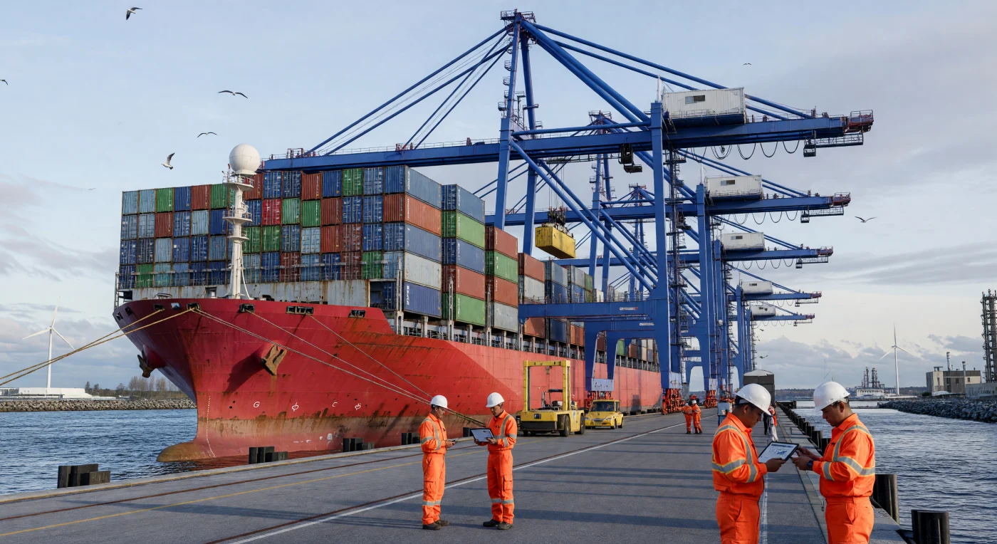 Een gigantisch, door zout aangevreten containerschip ligt aangemeerd bij de Viau-terminal in Montreal, waar imposante blauwe kranen met digitale precisie een mozaïek van kleurrijke vrachtcontainers stapelen. Havenarbeiders in neonkleurige overalls en een Filipijnse officier coördineren de belading met behulp van tablets, een toonbeeld van de geglobaliseerde en technologisch geavanceerde maritieme sector van de vroege 21e eeuw. Tegen de achtergrond van de koude St. Lawrence-rivier en verre windturbines illustreert deze scène de symbiose tussen massale industriële kracht en de verfijnde logistiek van het digitale tijdperk.