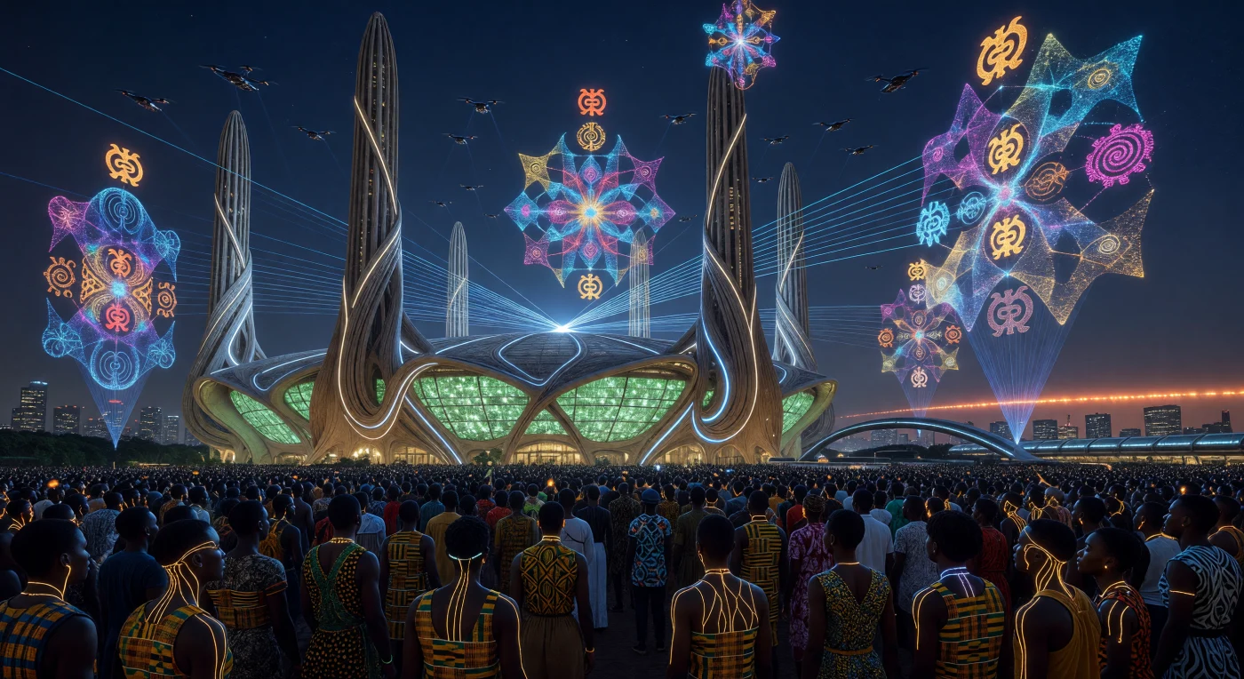 2048 के लैगोस का यह दृश्य 'द थ्रेशोल्ड' युग (2025-2050) के दौरान मानव विकास के एक नए चरण को दर्शाता है, जहाँ आधुनिक मानव (होमो सेपियन्स) 'किपाजी' न्यूरल इंटरफेस के माध्यम से अपनी सामूहिक चेतना को विशाल प्रकाश संरचनाओं में बदल रहे हैं। दीमक की बांबियों से प्रेरित यह बायोमिमेटिक स्टेडियम कवक (mycelium) और स्थानीय मिट्टी से निर्मित है, जो भविष्य की टिकाऊ वास्तुकला और उन्नत जैव-तकनीकी एकीकरण का प्रमाण है। यह क्षण जैव-विद्युत ऊर्जा और डिजिटल कला के संगम को एक जीवंत सामाजिक जीव के रूप में प्रस्तुत करता है जो तकनीक और जीव विज्ञान के बीच की सीमाओं को धुंधला कर देता है।