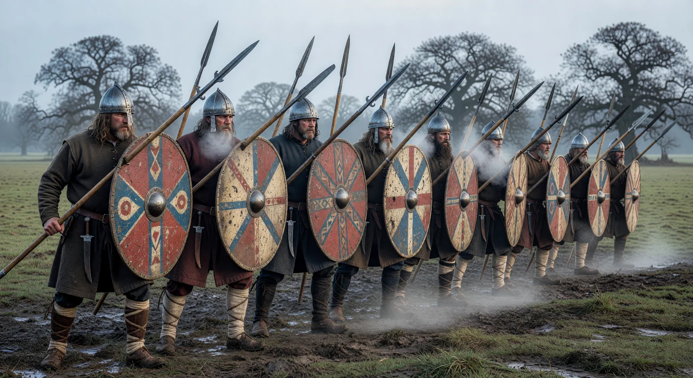 9세기 카롤링거 왕조의 프랑크 보병들이 안개 낀 라인강 계곡에서 둥근 피나무 방패를 겹쳐 맞대어 견고한 방패벽을 구축하고 있습니다. 철제 투구와 두꺼운 모직 옷을 입은 전사들 사이로 날카로운 '날개 달린 창(winged spear)'이 위협적으로 뻗어 나와 차가운 아침 공기를 가릅니다. 이 장면은 고도의 규율을 갖춘 프랑크 군대의 핵심 방어 전술을 생생하게 보여주며, 로마의 유산과 게르만 전통이 결합된 중세 초기 유럽의 전투 양상을 잘 나타냅니다.