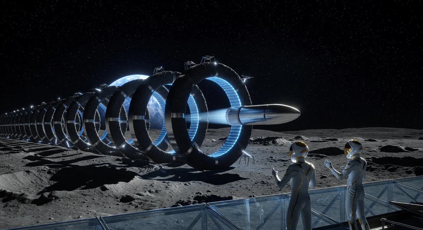 Lungo le desolate distese basaltiche del Mare Tranquillitatis, il mass driver "Cynthia" proietta carichi verso l'orbita attraverso una sequenza di anelli superconduttori che emettono una spettrale luminescenza bluastra. Questa imponente infrastruttura risale all'Alba Potenziata (2050-2100), un'epoca cruciale in cui l'umanità ha trasceso i confini terrestri per stabilire i primi complessi industriali extra-planetari. Si noti l'adattamento fisiologico degli ingegneri lunari in primo piano: i loro arti allungati testimoniano i primi passi di una divergenza evolutiva della specie umana in risposta alla bassa gravità, stagliati contro il silenzio eterno del vuoto cosmico.