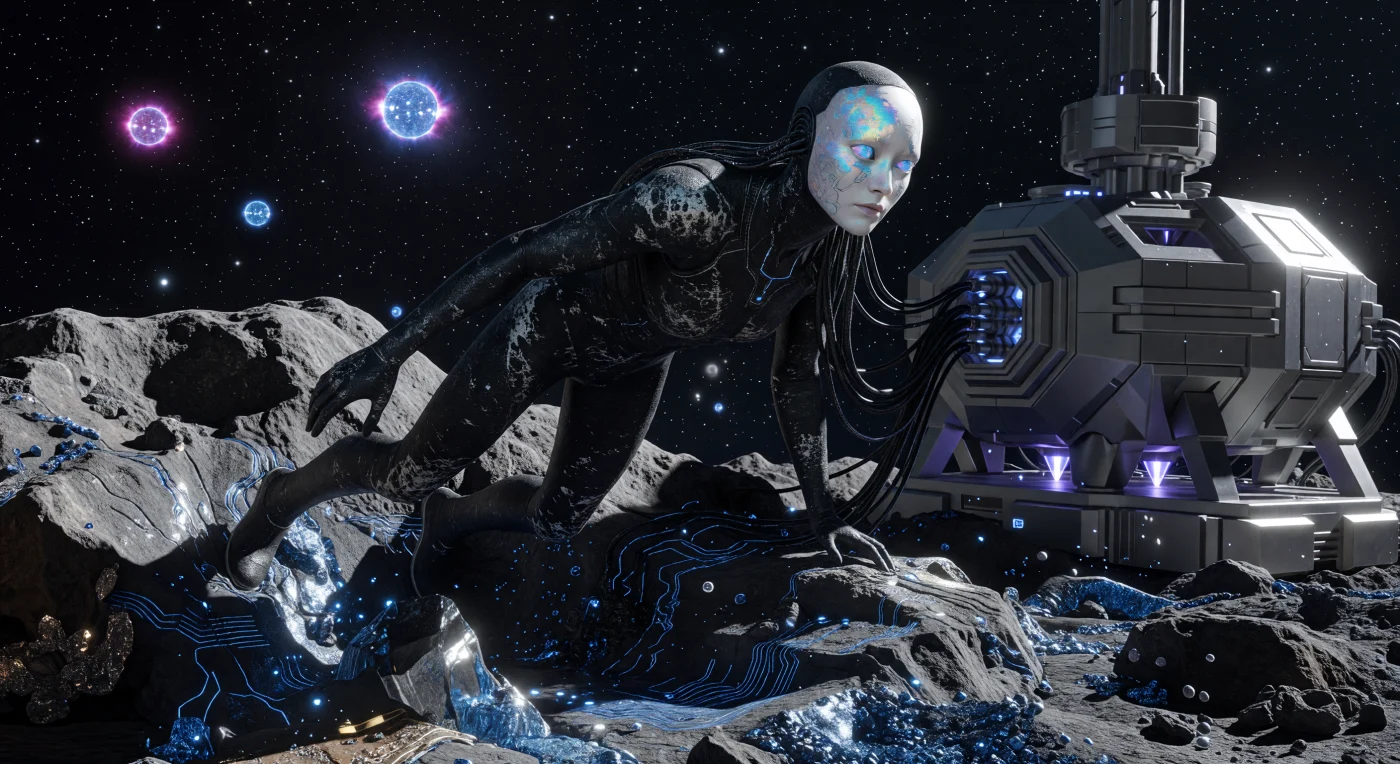 Ein Gürtel-Arbeiter der „Lang-Form“-Physiologie harrt auf einem kohlenstoffhaltigen Chondrit-Asteroiden aus, wobei sein Körper die charakteristischen skelettalen Anpassungen an eine lebenslange Exposition in der Mikrogravitation zeigt. Während des Galaktischen Zeitalters (ca. 5.000–20.000 n. Chr.) schützten sich diese post-humanen Individuen mit bio-technisch gezüchteter „Void-Leather“-Haut, deren tiefe Narben von der abrasiven Gewalt unzähliger Mikrometeoriteneinschläge zeugen. Die Integration prähensiler neuraler Filamente und pulsierender Schaltkreis-Filigranen markiert den technologischen Höhepunkt einer Ära, in der die Grenze zwischen biologischem Organismus und modularer Industriemaschinerie im Vakuum des Weltraums vollständig verwischte.