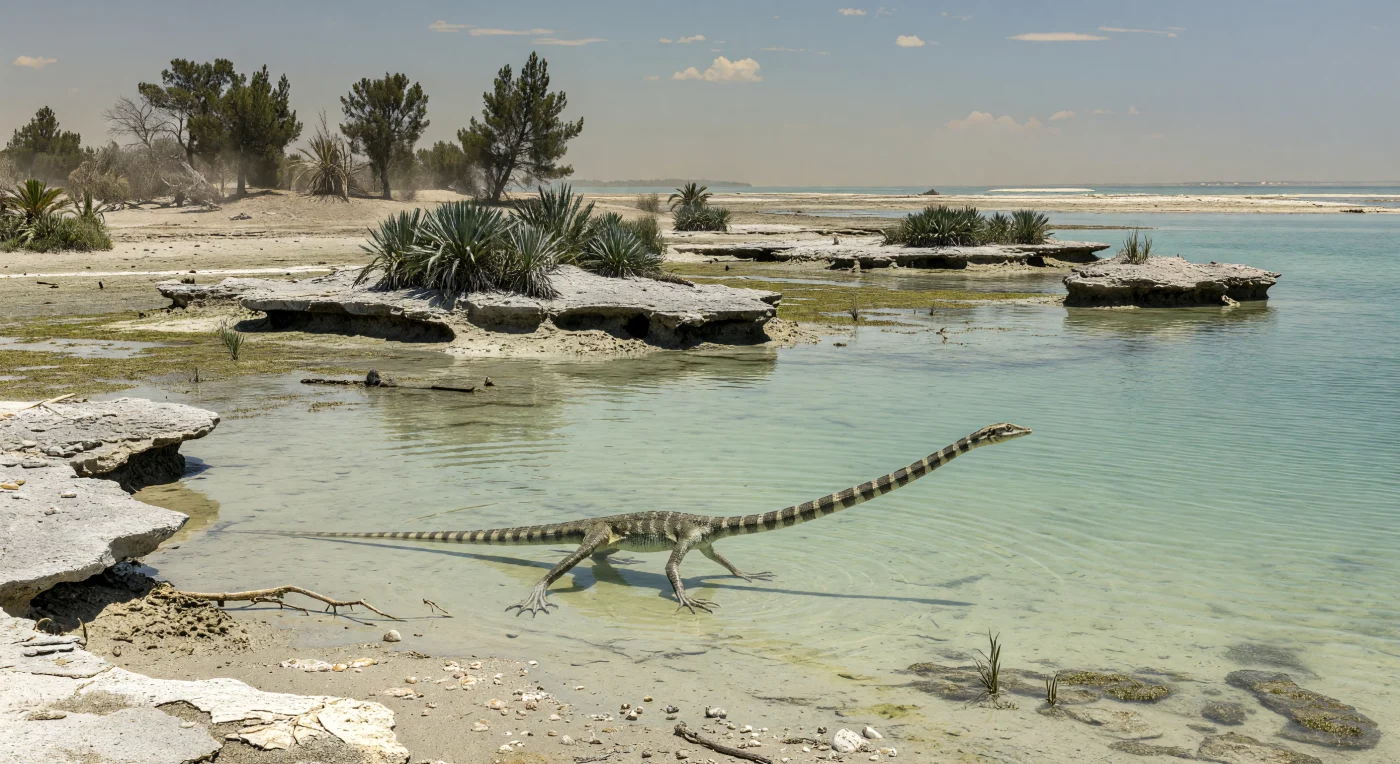 Aan de rand van een hete lagune in de westelijke Tethys staat een volwassen Tanystropheus longobardicus half in het bleke, aquamarijne water, zijn smalle kop en uitzonderlijk lange, gestreepte hals horizontaal boven de kalkmodder uitstekend. Dit bizarre kustreptiel leefde in het Laat-Trias, ongeveer 237–227 miljoen jaar geleden, op warme carbonaatplatforms zoals die van de latere Dolomieten, tussen micritische kalksteen, dolomitische slikken, Pterophyllum-cycadophyten en donkere Voltzia-naaldbomen. Tanystropheus was geen dinosauriër, maar een langhalsige archosauromorf die waarschijnlijk vanuit ondiep water op vissen en andere kleine prooien loerde in de ondiepe, kalkrijke lagunes van een herstellende Mesozoïsche wereld.
