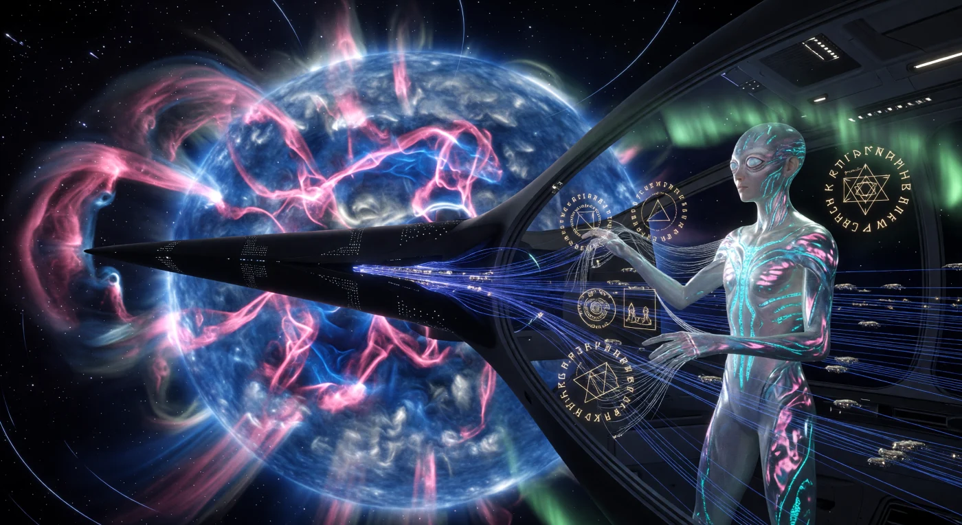 In het Galactische Tijdperk (ca. 5.000 – 20.000 n.Chr.) fungeerde de kosmos zelf als canvas, zoals hier gedemonstreerd bij de blauwe superreus Rigel. Een post-humane "Long-Form" architect manipuleert met complexe magnetische resonantievelden een gigantische zonnevlam tot een "Solar Mural", een geometrisch fresco van miljoenen kilometers lang in gloeiend magenta en röntgenblauw plasma. Vanuit een Command-Spire van lichtabsorberend "Void-Leather" stuurt dit wezen de stellaire corona aan, wat de verregaande technologische evolutie en de esthetische ambities van de mensheid in deze post-planetaire era van diepe tijd markeert.