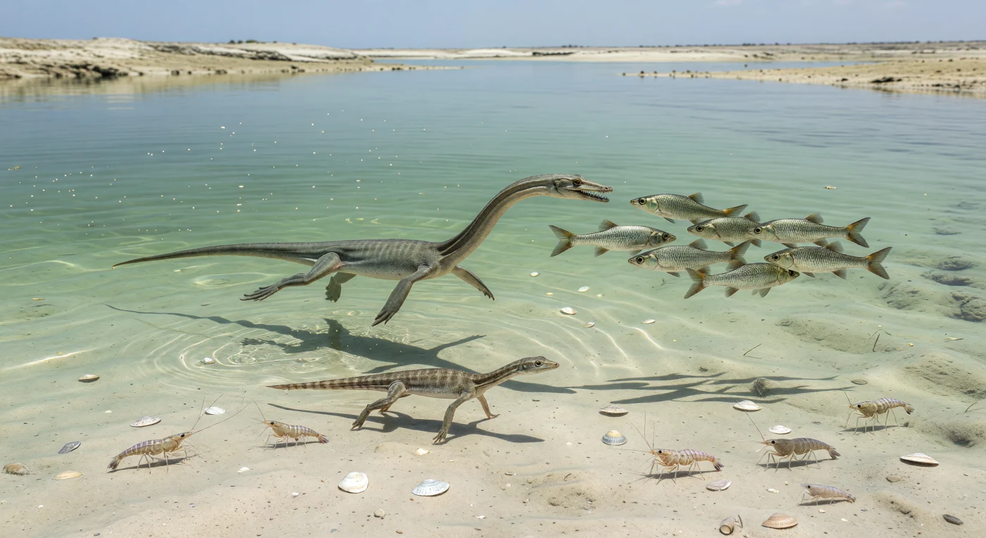 Dans la lagune chaude et limpide du Monte San Giorgio, il y a environ 242 à 238 millions d’années, un Lariosaurus d’environ 1,2 m fend l’eau vert-bleu à la poursuite d’un banc serré de Peltopleurus aux écailles luisantes, tandis qu’un plus petit Neusticosaurus patrouille près du fond de vase carbonatée claire. Cette scène du Trias moyen, sur les marges occidentales de la Téthys, illustre un écosystème lagunaire peu profond où reptiles marins, poissons osseux à écailles ganoïdes, crevettes Antrimpos et bivalves coexistaient dans des eaux subtropicales calmes. Les fossiles exceptionnellement conservés de Monte San Giorgio, aujourd’hui dans les Alpes, offrent une fenêtre rare sur la renaissance de la vie marine après la grande crise de la fin du Permien.