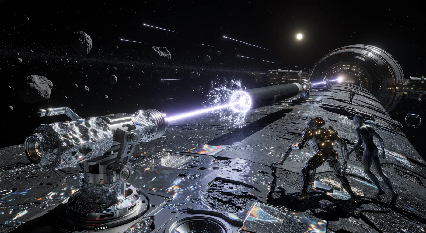 A high-intensity laser-ablation turret intercepts a kinetic projectile on the exterior of a Ceres-class mining habitat, vaporizing its surface into a brilliant plasma plume. Set during the era known as The Convergence (2100–2200 AD), the scene showcases the diverse inhabitants of the Main Asteroid Belt, including a bio-engineered Litho-Sapien and a post-biological "Exo" technician anchored to the iridescent, carbon-reinforced hull. The harsh, airless environment is illuminated by the distant Sun and the warm glow of a "Green-Lung" O’Neill cylinder, highlighting the advanced molecular assembly and vacuum-optimized defense systems necessary for life in deep space.