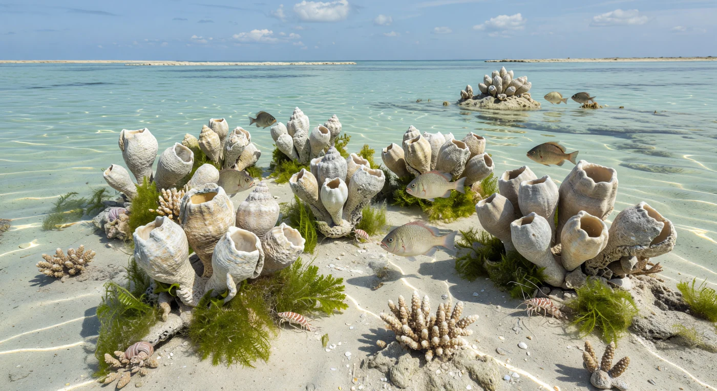 In a warm, shallow lagoon on a Late Cretaceous European carbonate platform, dense clusters of rudist bivalves such as Hippurites and Radiolites rise from rippled lime sand like short stone horns, surrounded by green calcareous algae and a few small coral patches. Tiny decapod crustaceans shelter among the shells while deep-bodied pycnodont fishes glide through the clear, sunlit water. Scenes like this, roughly 100–66 million years ago, show how rudists—not modern reef corals—often formed the main reef-building communities in parts of the ancient Tethys Ocean.