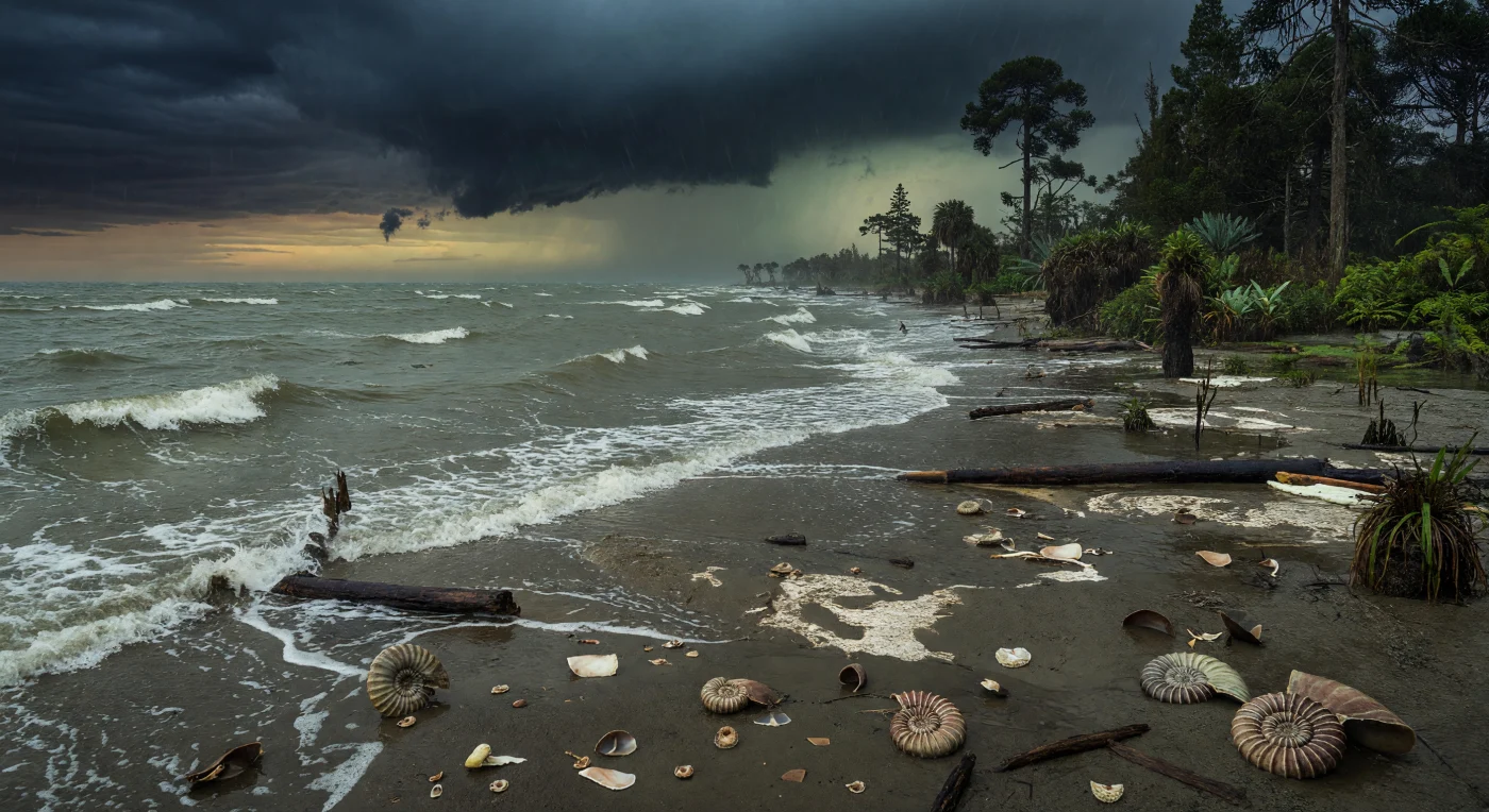 Under storm-darkened skies, the shoreline of North America’s Western Interior Seaway is lashed by wind-driven waves that wash ammonite shells, inoceramid fragments, and driftwood onto broad muddy flats. This scene captures the Late Cretaceous, roughly 100–66 million years ago, when a warm shallow inland sea split the continent and bordered swampy lowlands of conifers, cycads, bennettitaleans, and ferns. The ribbed ammonites and soft marl-rich sediments reflect the distinctive fossil-rich coasts of this epicontinental sea, one of the great marine environments of the age of dinosaurs.