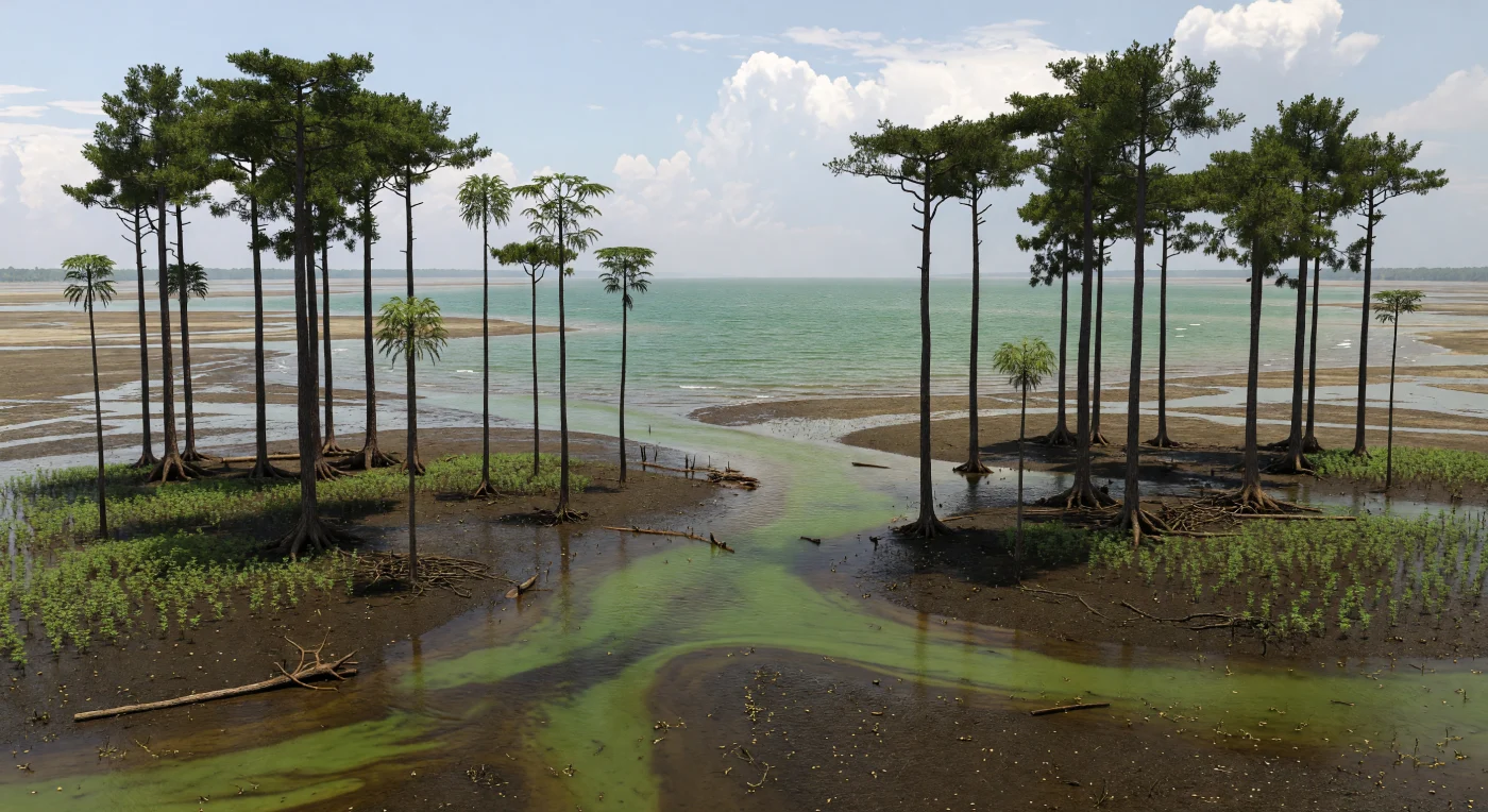 Along a humid Late Devonian estuary on the margin of Laurussia, some of Earth’s first forests send muddy, tannin-stained runoff into a warm shallow sea about 380–360 million years ago. Towering Archaeopteris trees and smaller cladoxylopsids such as Wattieza line silty channels, while low Drepanophycus covers wet banks and driftwood gathers on tidal flats. This kind of forested delta helped transform Devonian coastal oceans by increasing sediment and nutrient delivery, linking the rise of land plants with changing marine ecosystems where early fishes, including small bony fishes and placoderms, cruised the brackish shallows.