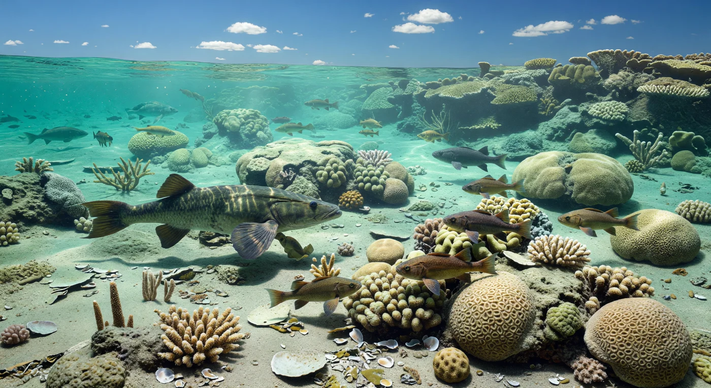 In the Late Devonian, about 380 million years ago, a shallow lagoon within the famous Gogo reef complex of Western Australia teemed with life beneath clear tropical seas. Mound-like stromatoporoids and honeycomb colonies of the tabulate coral Favosites built the reef framework, while the lobe-finned fish Gogonasus cruised above the carbonate bottom and smaller armored placoderms such as Groenlandaspis maneuvered among the coral heads. This scene captures a rare Gondwanan reef ecosystem from the Frasnian Stage, when vertebrate life was diversifying in warm marine habitats long before the age of dinosaurs.