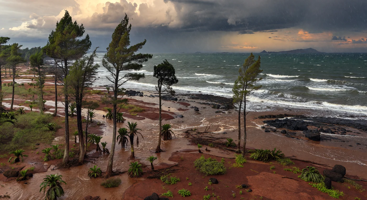 A violent monsoonal storm lashes a Late Triassic shoreline on the margin of Panthalassa, about 230–210 million years ago, where brown sheet-floods race across red sediment flats toward a dark, wave-battered volcanic coast. Wind-bent stands of Voltzia conifers dominate the open woodland, accompanied by cycad-like and bennettitalean plants adapted to a seasonally dry climate. This scene captures the dynamic meeting of arid coastal plains, active volcanism, and the immense open ocean that surrounded Pangaea.