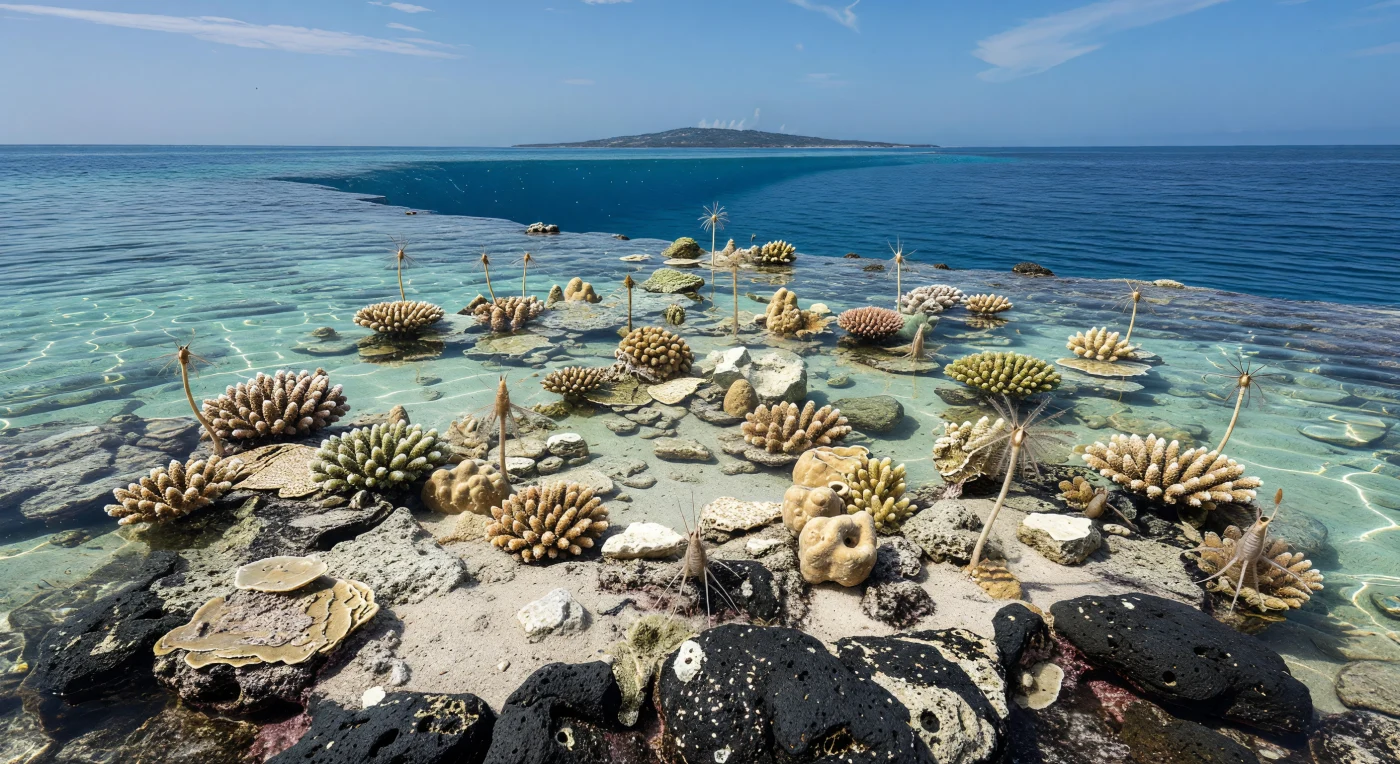 On a shallow volcanic seamount in the Panthalassa Ocean, patchy reef communities spread across dark basalt ledges and pale carbonate rubble in the Late Triassic, about 237–201 million years ago. Early scleractinian corals such as Volzeia, sponge-microbial buildups, and stalked crinoids like Holocrinus represent marine ecosystems recovering and diversifying after the end-Permian mass extinction, while small shrimp-like crustaceans shelter among the reef framework. The scene captures how isolated oceanic guyots could host surprisingly rich tropical communities far from the continental margins of Pangaea.