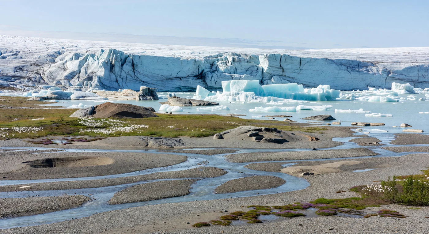Aan de zomerse rand van het Laurentide-ijsveld in Canada, tijdens een terugtrekkingsfase van de laatste ijstijd ongeveer 20.000–12.000 jaar geleden, stort een met puin gestreepte ijswand af in een melkachtig turkooizen proglaciaal meer vol kleine ijsbergen. Voor de kijker vlechten smeltwaterstromen zich over een kale sandur van grind, zand en zwerfstenen, langs verse morenen en door het ijs gepolijste roches moutonnées van oud Precambrium gesteente. Slechts op de net stabiele bodem krijgt het leven voorzichtig voet aan de grond, met pollen van Carex en Eriophorum, kruipende Salix arctica en paarse kussens van Saxifraga oppositifolia—een eerste, tere toendra in het kielzog van een continentale ijskap.