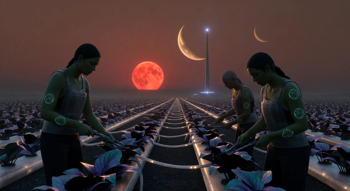 Durante l’Alba Interstellare (3000-5000 d.C.), i coloni della stirpe Atmos trasformarono la zona crepuscolare di TRAPPIST-1e in un ecosistema sintetico, coltivando la "Shadow-Flora" dalle foglie nere per catturare la flebile luce della nana rossa. In questa ricostruzione, i lavoratori mostrano adattamenti bioingegnerizzati come alveoli sintetici e placche dermiche fotosintetiche, che brillano di un verde smeraldo mentre curano filari idroponici incastonati nella roccia basaltica. All'orizzonte, la presenza imponente dei pianeti fratelli sottolinea la danza gravitazionale del sistema Septem-Virate, dove la vita post-umana ha trovato un equilibrio eterno tra i ghiacci del lato notturno e le fornaci solari del lato diurno.