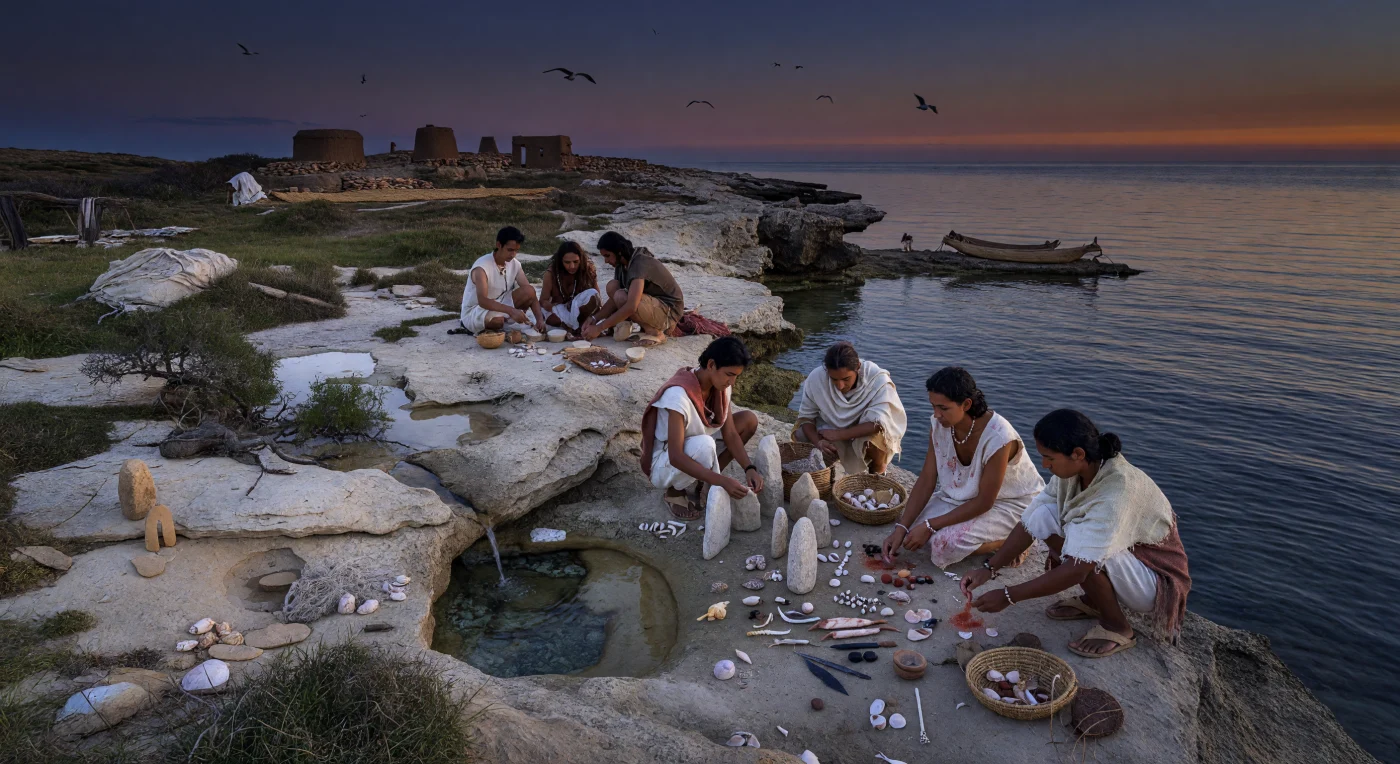 해질녘 동지중해의 레반트 해안 바위 곶에서는 신석기 시대 마을 사람들이 샘물이 바다로 스미는 자리 곁에 세운 다듬지 않은 입석들 앞에 조개껍데기, 물고기 뼈, 붉은 안료가 묻은 자갈과 작은 석제 구슬을 조심스레 내려놓고 있다. 이런 해안 의례는 거대한 신전이나 사제 계급보다 샘, 바다, 바위처럼 삶을 지탱하는 자연의 경계 공간을 신성하게 여긴 당시 공동체의 세계관을 보여준다. 발굴 자료가 말해 주듯 남부 레반트의 신석기 해안 주민들은 어로와 채집, 초기 농경을 함께 이어가며 조개와 흑요석 같은 물품을 교환했고, 갈매기가 선회하는 저녁 바다는 그들의 생계와 신앙이 얼마나 긴밀히 연결되어 있었는지를 생생하게 드러낸다.