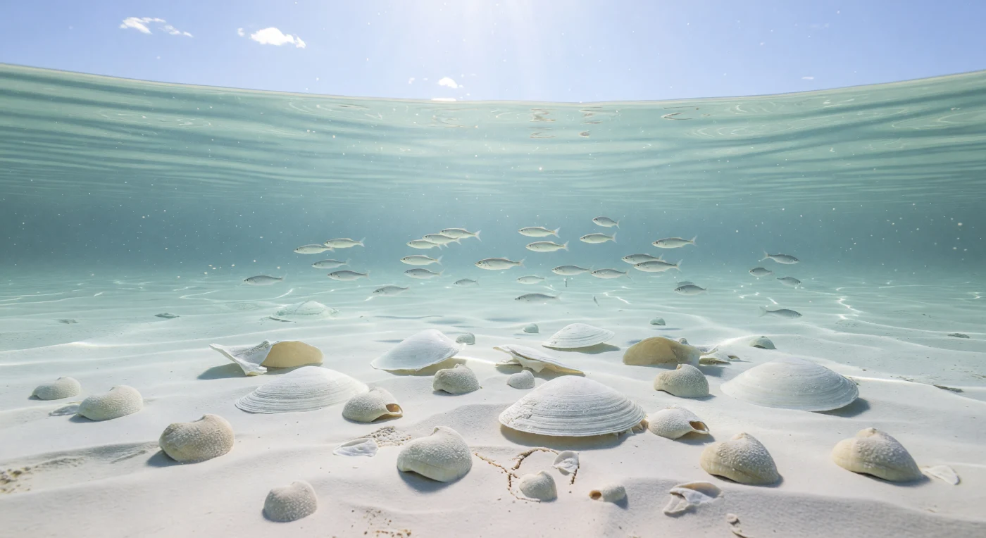 Bajo las aguas cálidas y transparentes del mar de creta europeo, hace aproximadamente 85–70 millones de años, el fondo marino brillaba de un blanco lechoso formado por incontables cocolitóforos microscópicos cuyos restos dieron origen a la creta. Sobre este suave sedimento reposan equinoideos irregulares del género Micraster, de apenas 5–7 cm, junto a las grandes conchas planas de Inoceramus, que podían superar los 60 cm de ancho, mientras pequeños peces teleósteos plateados cruzan la escena. Este tranquilo mar epicontinental cubría gran parte del norte de Europa durante el Cretácico tardío, un mundo de mares someros y luminosos muy distinto del paisaje actual.