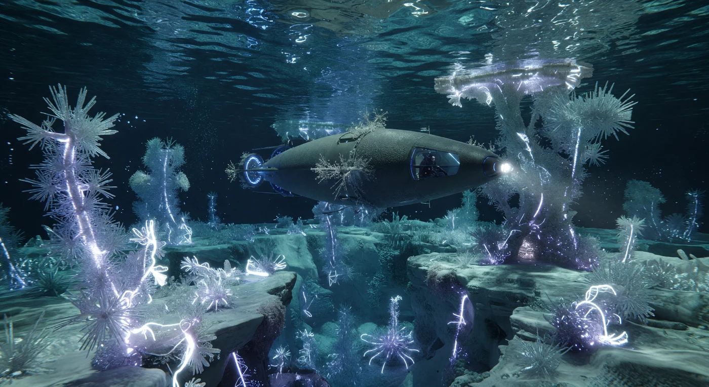 In den turbulenten Ammoniakozeanen des Mondes Xi-Phos dokumentiert diese Aufnahme die Interaktion zwischen einem bleigepanzerten Erkundungsschiff und den monumentalen Kolonien des „Lebenden Frosts“, einer kryogenen Lebensform des Galaktischen Zeitalters (ca. 5.000–20.000 n. Chr.). Diese mikrobiellen Aggregate bilden kilometerlange, dendritische Riffe auf dem gefrorenen Meeresgrund und kommunizieren über rhythmische elektrische Entladungen innerhalb der leitfähigen, -50 °C kalten Flüssigkeit. Als eines der bedeutendsten Beispiele für nicht-kohlenstoffbasierte Biologie markieren diese Formationen den Moment, in dem die exo-humane Zivilisation der Frontier die chemischen Grenzen des irdischen Lebens endgültig hinter sich ließ.