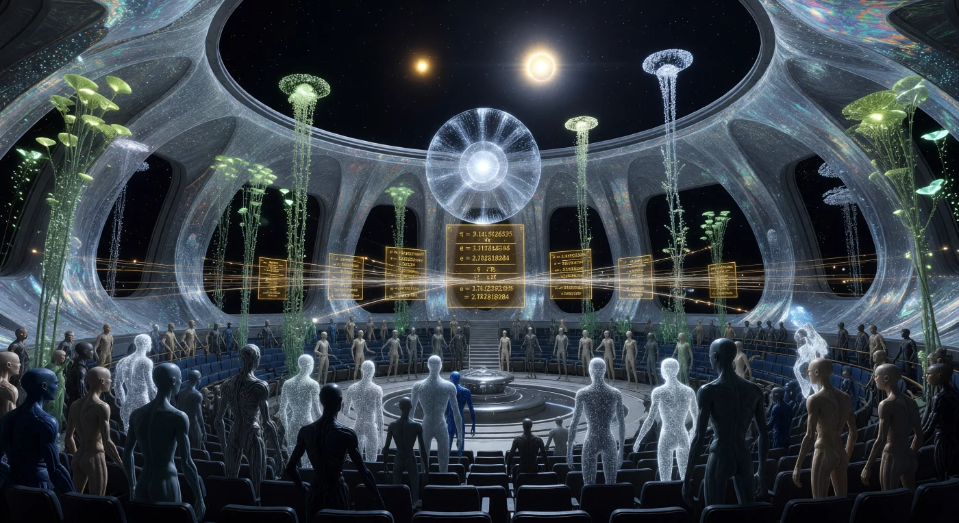 Inmitten eines gewaltigen, lichtdurchlässigen Amphitheaters aus Biopolymeren am Rande der Oortschen Wolke versammeln sich die Exo-Humanen Phyla des Galaktischen Zeitalters (ca. 5.000–20.000 n. Chr.) zum Ritual der gewichteten Demokratie. Die Darstellung zeigt die hochgewachsenen, metallisch schimmernden Void-Strider und die als Ferrofluid-Wolken manifestierten „Entkörperten“, welche vor schwebenden Gold-Silizium-Platten mit uralten KI-Protokollen interagieren. Beleuchtet vom blau-weißen Glühen eines zentralen Kugelblitz-Singularitätsantriebs, verdeutlicht diese Momentaufnahme die soziopolitische Komplexität einer Kardaschow-1,8-Zivilisation in der stillen Weite des tiefen Weltraums.