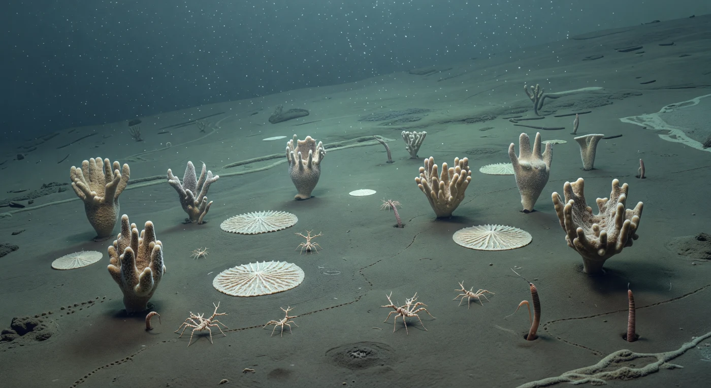 Há cerca de 508 milhões de anos, na vertente externa do mar que preservou os fósseis do xisto de Burgess, um fundo lodoso e fracamente iluminado estendia-se abaixo da base das tempestades, coberto por uma chuva constante de “neve” marinha. Erguendo-se da lama olivácea surgem as esponjas Vauxia, enquanto discos espinhosos de Choia repousam sobre o sedimento; entre elas, pequenos artrópodes Marrella splendens caminham delicadamente e vermes priapúlidos Ottoia prolifica emergem das tocas para sondar o fundo. Esta cena revela um ecossistema profundo do Cambriano, dominado por esponjas, artrópodes e vermes muito antes de peixes modernos, recifes de coral ou plantas terrestres transformarem os mares e os continentes.