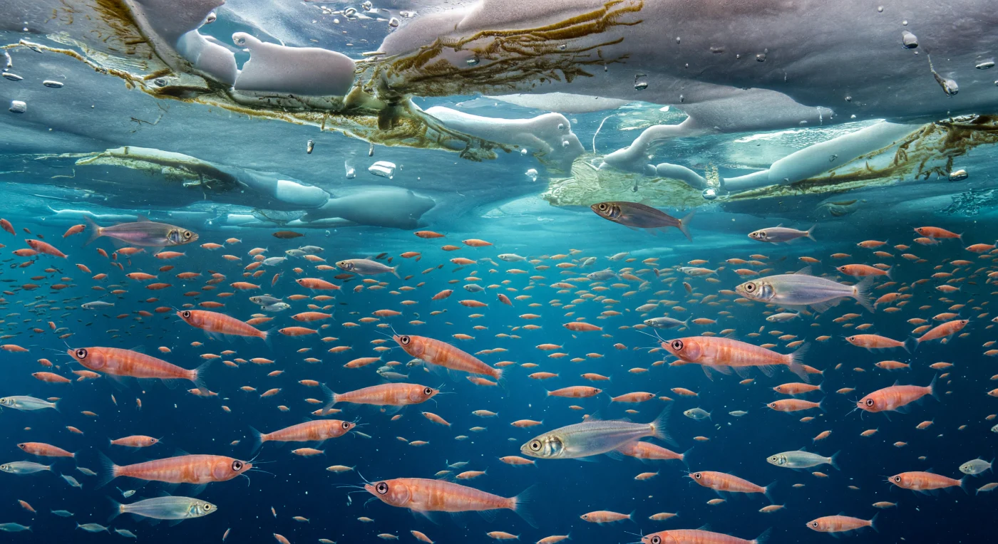 Onder het seizoenspakijs van het Laat-Pleistoceen, ruwweg 126.000 tot 11.700 jaar geleden, vult een immense zwerm Antarctische krill, Euphausia superba, het ijskoude water als een roze-oranje wolk, terwijl zilverglanzende Antarctische zilvervissen, Pleuragramma antarcticum, ertussen doorschieten in blauwe lichtstralen. De onderzijde van het ijs is bedekt met bruin-groene matten van zee-ijsdiatomeeën, vooral Fragilariopsis, die een cruciale voedselbron vormden voor dit rijke pool-ecosysteem. Dit tafereel laat zien dat zelfs tijdens de IJstijden het leven rond de Antarctische ijskap overvloedig kon zijn, met krill als een van de belangrijkste schakels tussen microscopische algen en grotere dieren van de Zuidelijke Oceaan.