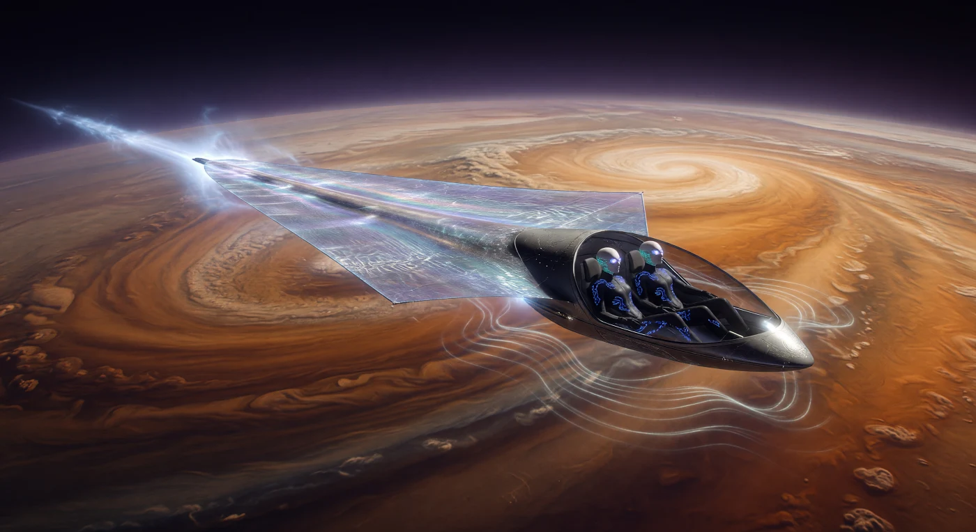In dieser Aufnahme aus dem Galaktischen Zeitalter (ca. 5.000–20.000 n. Chr.) vollführt ein Lichtsegel-Schiff ein riskantes Manöver in der Exosphäre des Jupiters, wobei die Reibung an den ockerfarbenen Ammoniakwolken eine gleißende Plasma-Spur erzeugt. Das kilometerlange Segel aus irisierender, programmierbarer Materie fängt das ferne Sonnenlicht ein, während im Inneren der Kapsel „Long-Form“-Posthumane – an die Schwerelosigkeit angepasste Wesen mit alabasterfarbener Haut und biolumineszenten Gefäßen – die gewaltigen Gravitationskräfte kontrollieren. Diese Szene illustriert die technologische Raffinesse einer Ära, in der die Menschheit die rohe Energie der Gasriesen als kinetische Sprungbretter nutzt, um die Weiten von über 4.000 Sternensystemen zu überbrücken.