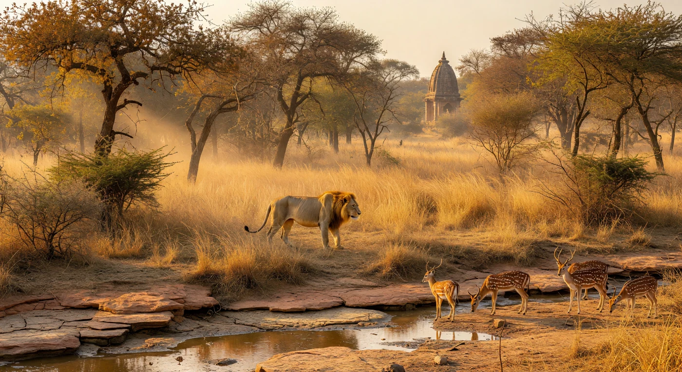 Un lion d'Asie, reconnaissable à son repli cutané ventral et sa crinière courte laissant ses oreilles apparentes, s'embusque dans les hautes herbes dorées d'une forêt de tecks du centre de l'Inde au VIIIe siècle. Le prédateur traque un troupeau de cerfs axis près d'un lit de rivière en grès rouge, capturé sous la chaleur oppressante de la saison sèche précédant la mousson. En arrière-plan, la silhouette lointaine d'un sanctuaire de style Nagara témoigne de l'influence architecturale des Gurjara-Pratihara, illustrant le paysage sauvage et sacré de l'Asie du Sud au début du Moyen Âge.