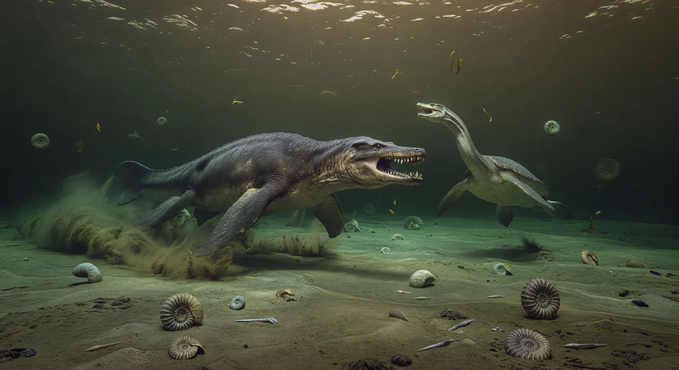 In het troebele, groenbruine water van de Oxford Clay-zee schiet een krachtige Liopleurodon van ongeveer 5–7 meter langs ribbelige schelpen van Perisphinctes, terwijl een kleinere, langhalzige Cryptoclidus van 3–4 meter verschrikt wegdraait boven zachte olijfgrijze modder. Deze scène speelt zich af in het Callovien van het Midden-Jura, ongeveer 166–164 miljoen jaar geleden, in een warme, modderige shelfzee die het gebied van het huidige Engeland bedekte. Fossielen uit de Oxford Clay tonen een rijk ecosysteem van pliosauriërs, plesiosauriërs, ammonieten en belemnieten, en laten zien hoe roofdieren als Liopleurodon jaagden in een schemerige wereld van slib, stormlicht en diep tijdsverloop.