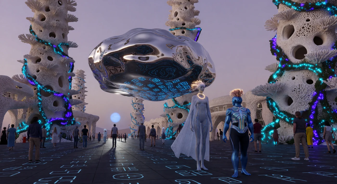 This reconstruction captures a Martian cultural hub during the Interstellar Dawn (3000–5000 CE), featuring a massive gravimetric sculpture of liquid mercury suspended amidst bio-engineered coral architecture. The scene illustrates the radical divergence of the human lineage into specialized post-human forms, such as the elongated "Lithe-Long" adapted for low-gravity environments and the silicon-reinforced "Crystalline Density" visitors from high-gravity exoplanets. Towering 200-meter calcium-silicate structures and UV-reactive bioluminescent flora demonstrate the era’s mastery of synthetic biology and the successful terraforming of the Martian atmosphere into a hospitable, if alien, biosphere.