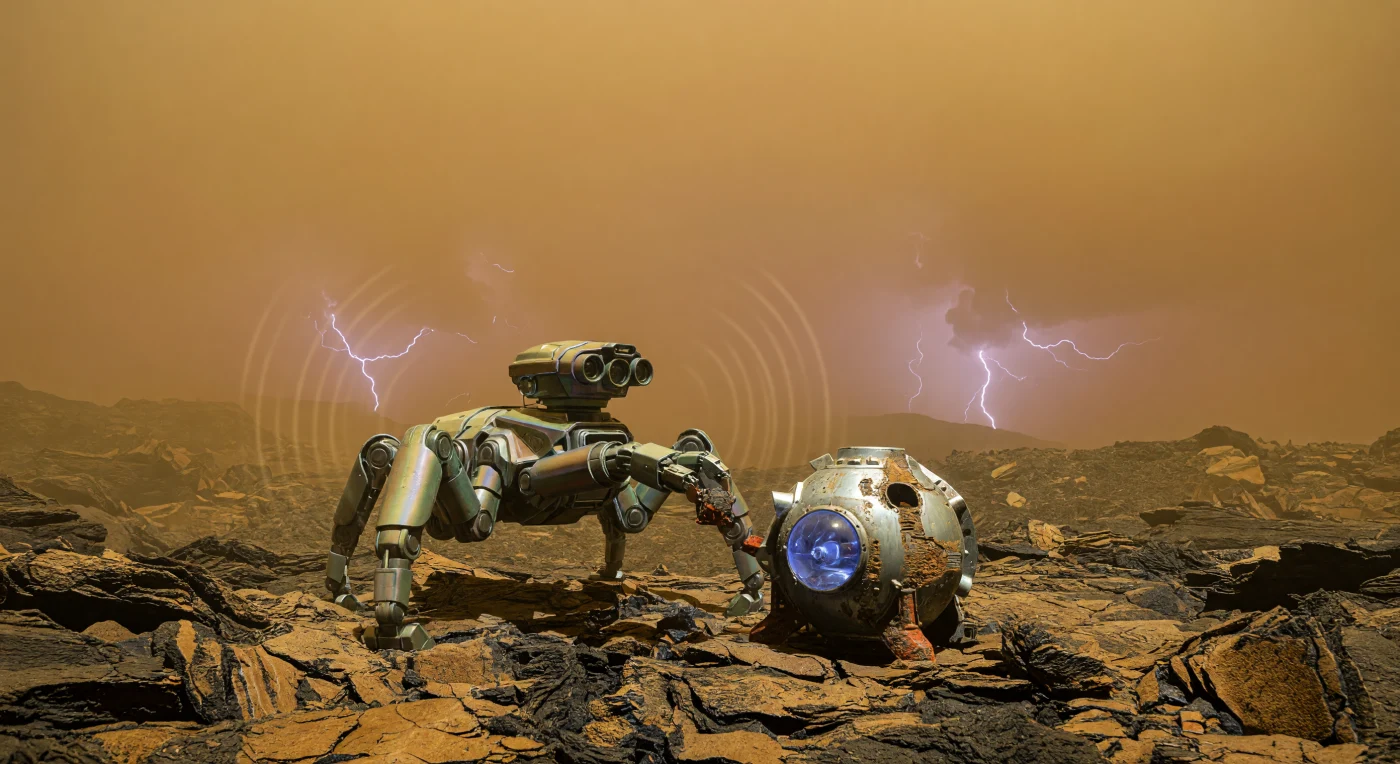 In der glühenden Einöde der Venus, während der Ära der Konvergenz (2100–2200), agiert eine Litho-Drone auf den tektonischen Basaltplatten der Oberfläche. Dieses hochresistente Chassis aus Tantal-Hafnium-Carbid beherbergt ein digitales Bewusstsein, das in der erdrückenden 90-Bar-Atmosphäre aus überkritischem Kohlendioxid Proben nahe einer antiken Venera-Sonde aus dem 20. Jahrhundert entnimmt. Die Szene verdeutlicht eine extreme Form der technologischen Evolution, in der hochfrequente akustische Pulse die dichte, bernsteinfarbene Luft durchdringen, um eine Verbindung zwischen der lebensfeindlichen Oberfläche und den schwebenden Laboren der Ishtar-Region herzustellen.