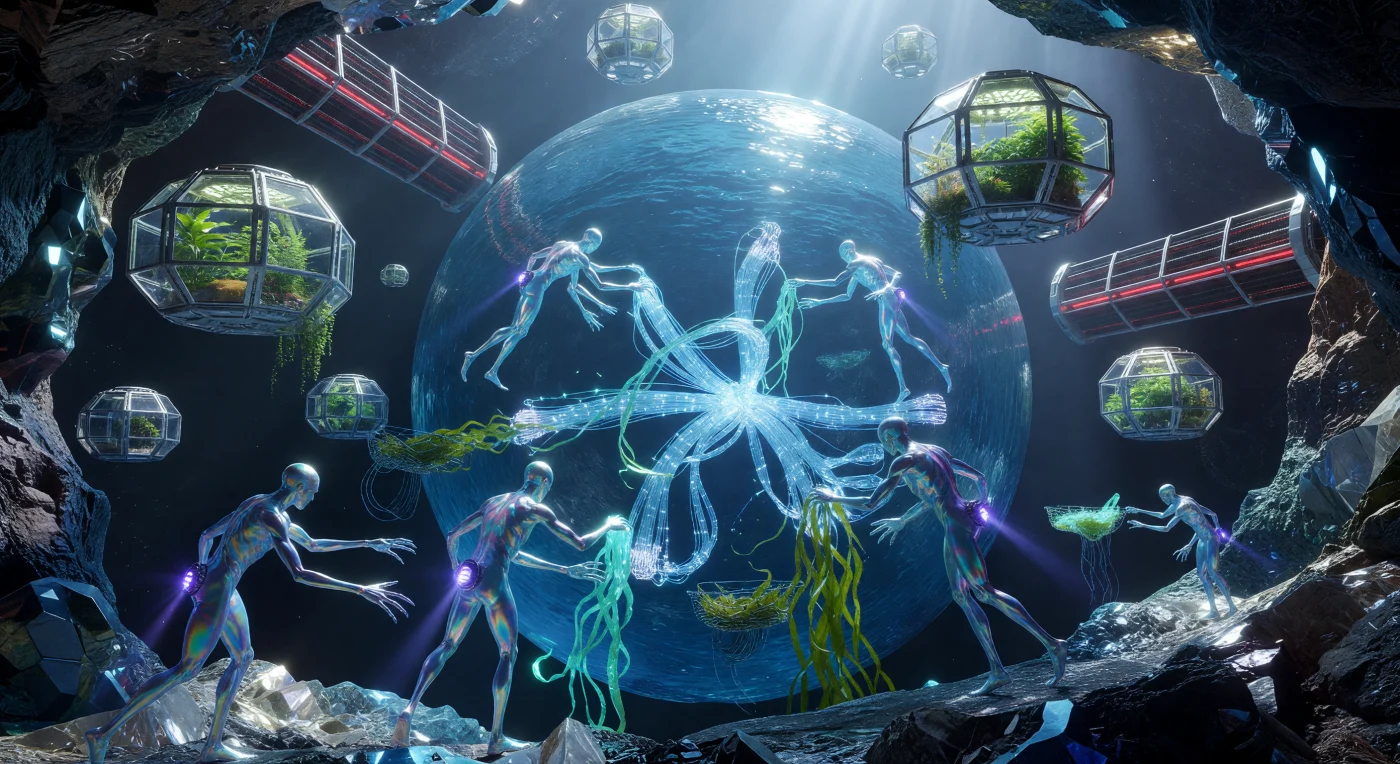 In dit tafereel uit het tijdperk van de Interstellaire Dageraad (3000–5000 n.Chr.) zien we een "Bellenwereld" diep in de planetoïdengordel, waar een kolossale bol vloeibaar water in volledige gewichtloosheid zweeft. De afgebeelde Litho-Sapiens zijn post-biologische mensen met een iriserende, loodhoudende huid die hen beschermt tegen straling terwijl zij bioluminescent kelp oogsten binnen modulaire habitats van transparant aluminium. Deze technisch hoogstaande omgeving wordt verlicht door geconcentreerd zonlicht van een omliggende Dyson-zwerm, waarbij gigantische radiatorvinnen de overtollige hitte van dit ingenieuze ecosysteem afvoeren naar het koude vacuüm van de ruimte.