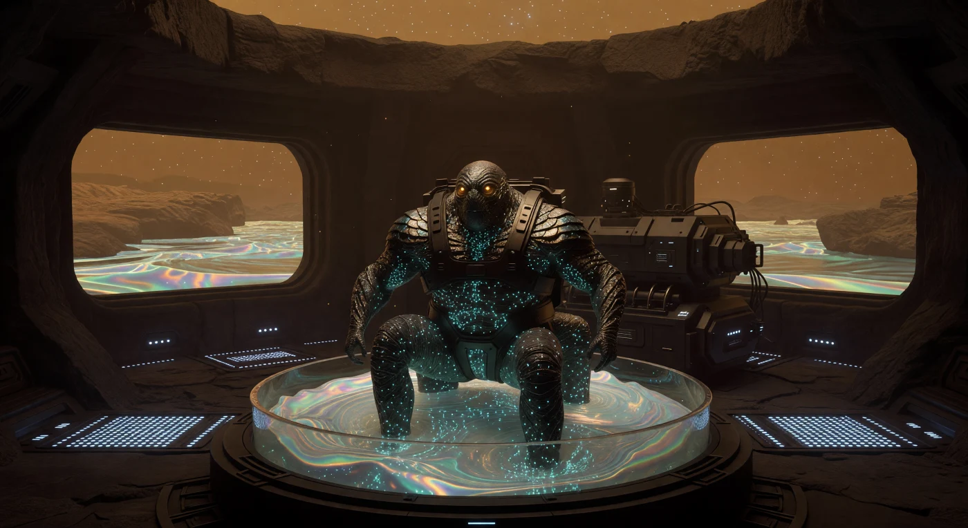 In this subterranean vault on a 6g Super-Earth, a Lithoderm worker undergoes a critical skeletal repair cycle within a bioluminescent nanite bath. Specially adapted for the extreme pressures of the Galactic Age (5,000–20,000 CE), these beings possess quadrilateral symmetry and biological-crystalline skeletons reinforced with carbon nanotubes to prevent structural collapse. The iridescent medicinal fluid and magnetic suspension harness are essential technologies used to heal gravity-induced micro-fractures, highlighting the profound physiological endurance required for life in a high-gravity environment.