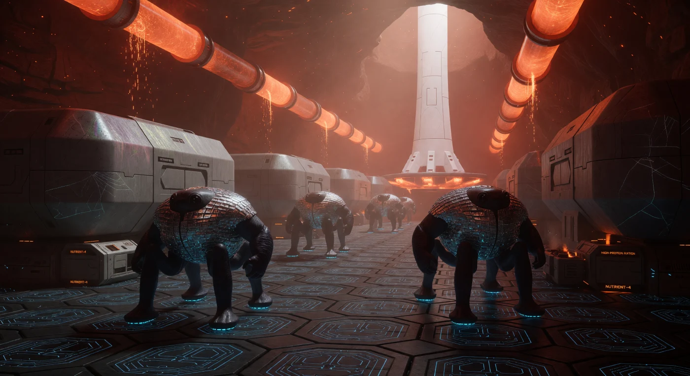 In deze ondergrondse doorgang op een Super-Aarde met zesmaal de aardse zwaartekracht (ca. 5000–20.000 n.Chr.) glijden Lithoderm-burgers geruisloos over een straat van inductieplaten op hun maglev-pedestals. Deze 'Grav-Mensen' kenmerken zich door hun gedrongen, vierpotige postuur en een huid van corded obsidiaan, ondersteund door een biologisch-kristallijn skelet dat bestand is tegen de enorme planetaire druk. De robuuste architectuur van wolfraamcarbide en de verre witte zuil van een orbitaalringanker getuigen van een Galactisch Tijdperk waarin de mensheid de verpletterende fysica van werelden met een hoge massa volledig heeft getemd.