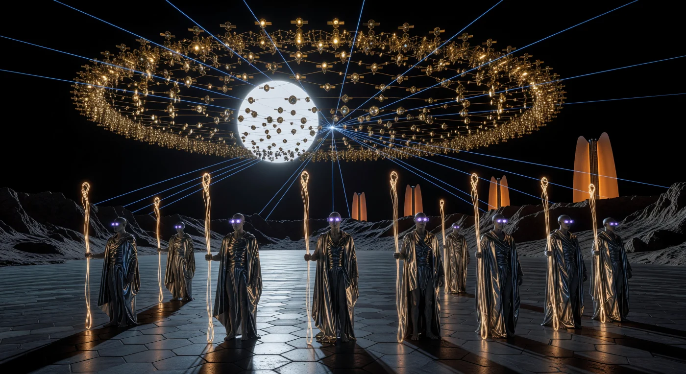 Tijdens de Zonne-expansie rond 2750 n.Chr. evolueerden de Lithomorfen tot een gespecialiseerde menselijke zijtak, wiens lichamen door sub-dermale lood-bismut-afscherming en silicium-neurale roosters volledig zijn aangepast aan de extreme straling op de noordpool van Mercurius. Op dit basaltplein synchroniseren zij hun zintuigen met de Dyson-zwerm (Fase I), een gigantisch goudkleurig web van zonnecollectoren dat de withete zon gedeeltelijk aan het zicht onttrekt om energie te oogsten voor de gehele Binnenring. Deze technocratische pioniers beheersen de brute krachten van hun omgeving via röntgenlasers en vloeibare natrium-radiatoren, wat een monumentaal bewijs vormt van de menselijke adaptatie aan de meest vijandige niches van ons zonnestelsel.