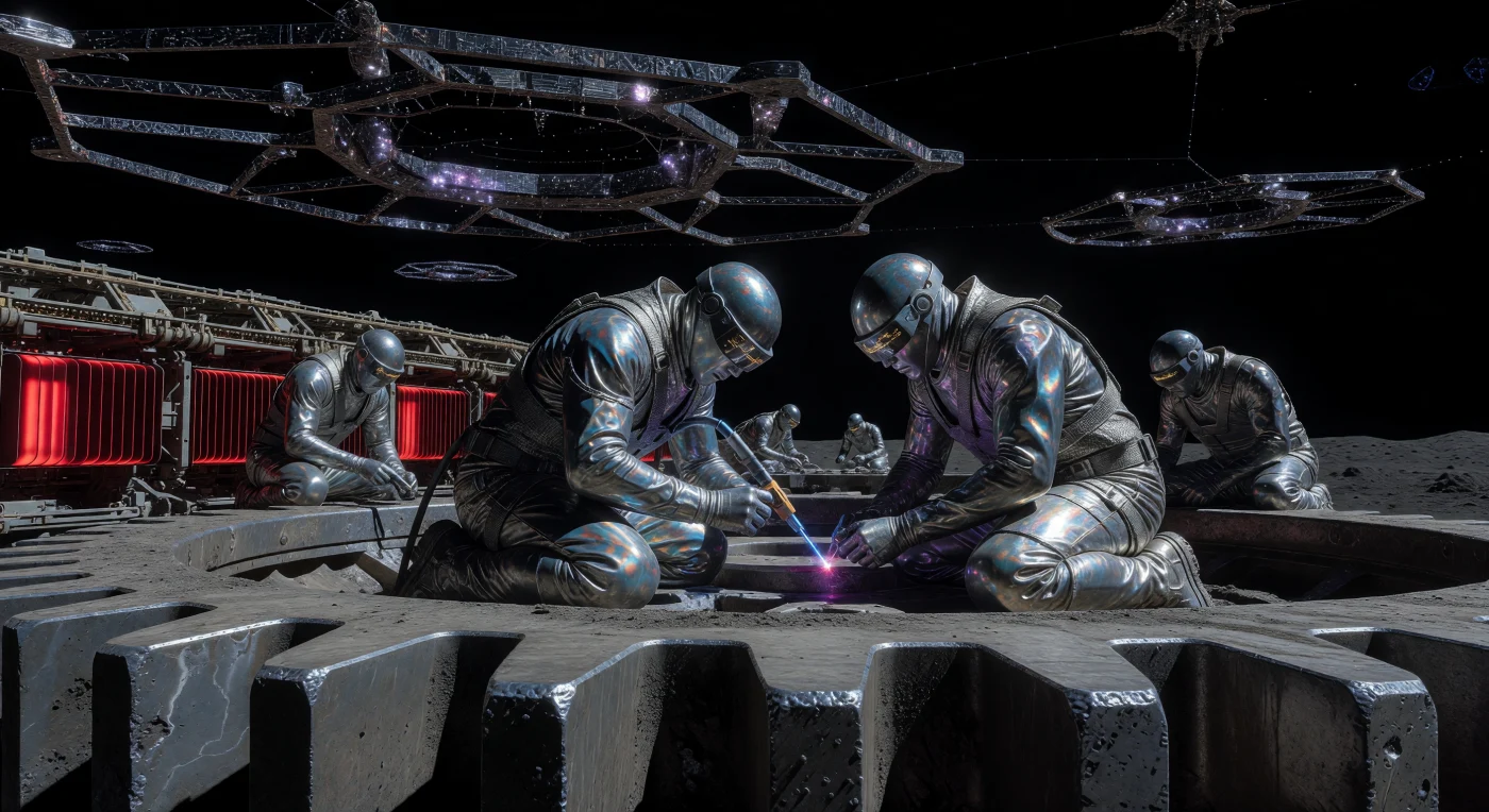 During the Solar Expansion (2500–3000 CE), specialized augmented humans known as Lithomorphs maintained the gargantuan mobile cities of Mercury, such as the "Great Crawl" depicted here. These workers possess shimmering lead-bismuth skin for radiation shielding and augmented-spectrum visors to navigate the planet’s atmosphere-free, high-contrast environment. In the pitch-black sky, the geometric lattice of the Phase I Dyson Swarm signifies a civilization harnessing the massive energy output of its star, marking humanity's advancement to a Kardashev Scale 1.4 society.